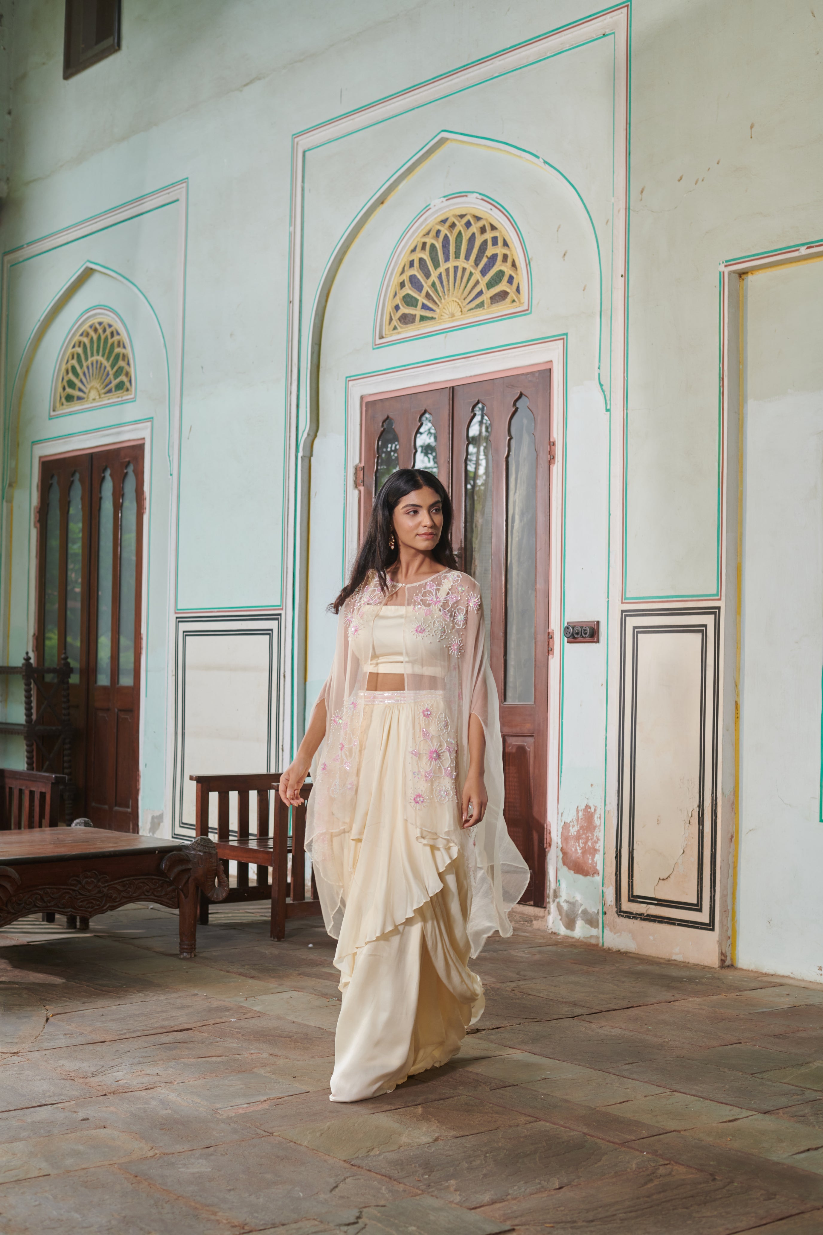 Anvitha (अन्विता) - Embroidered Cape with Blouse and Skirt Set