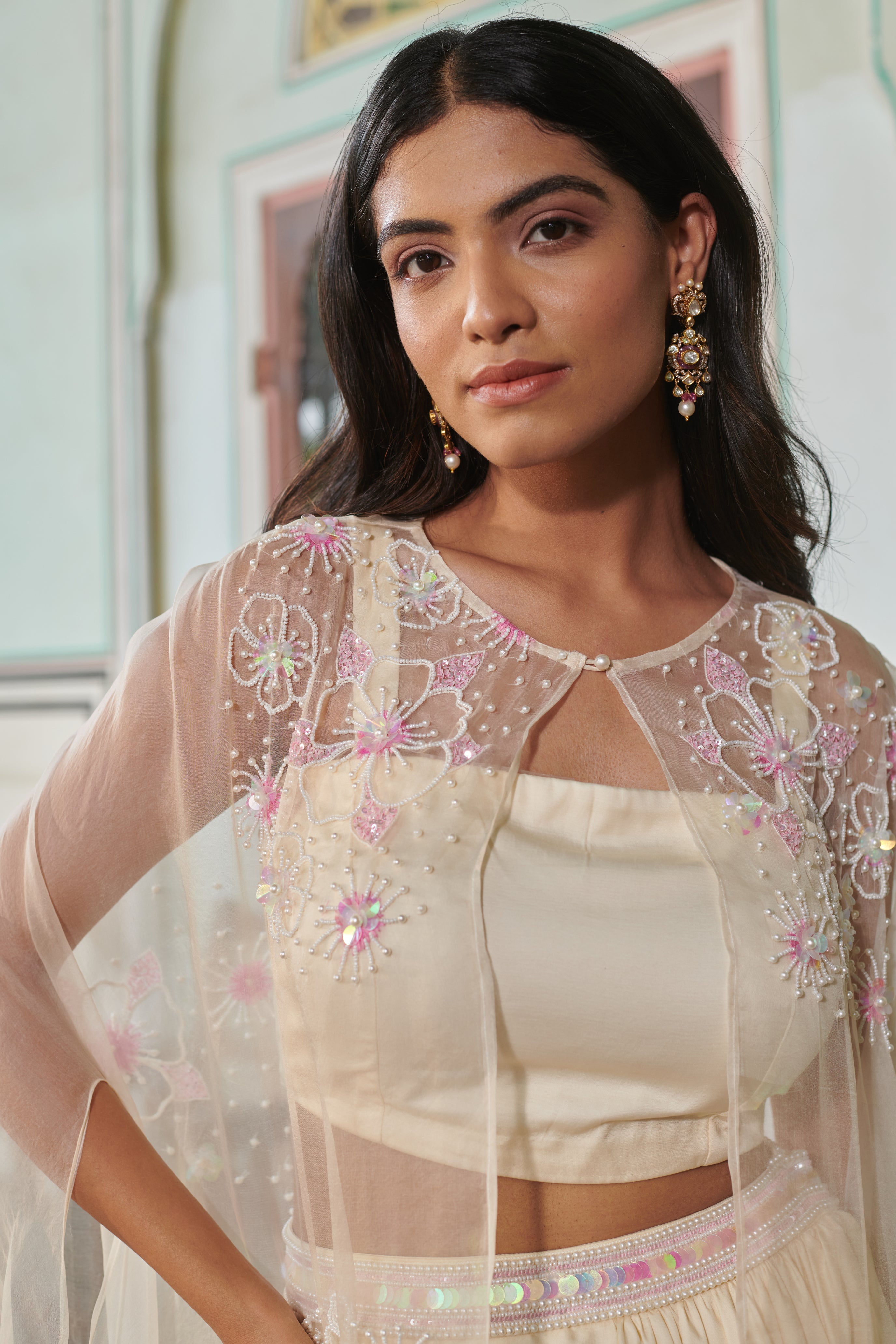 Anvitha (अन्विता) - Embroidered Cape with Blouse and Skirt Set