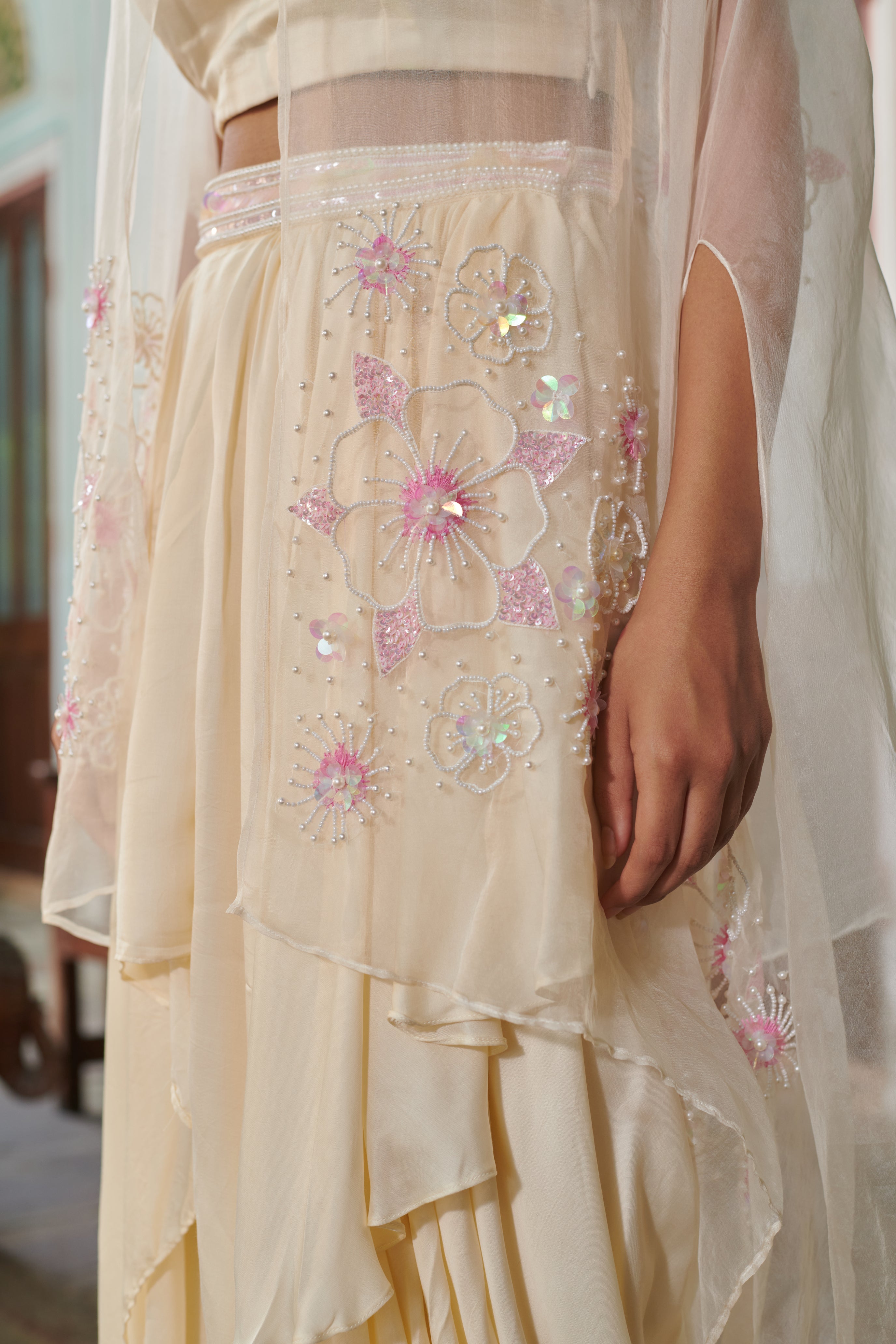 Anvitha (अन्विता) - Embroidered Cape with Blouse and Skirt Set