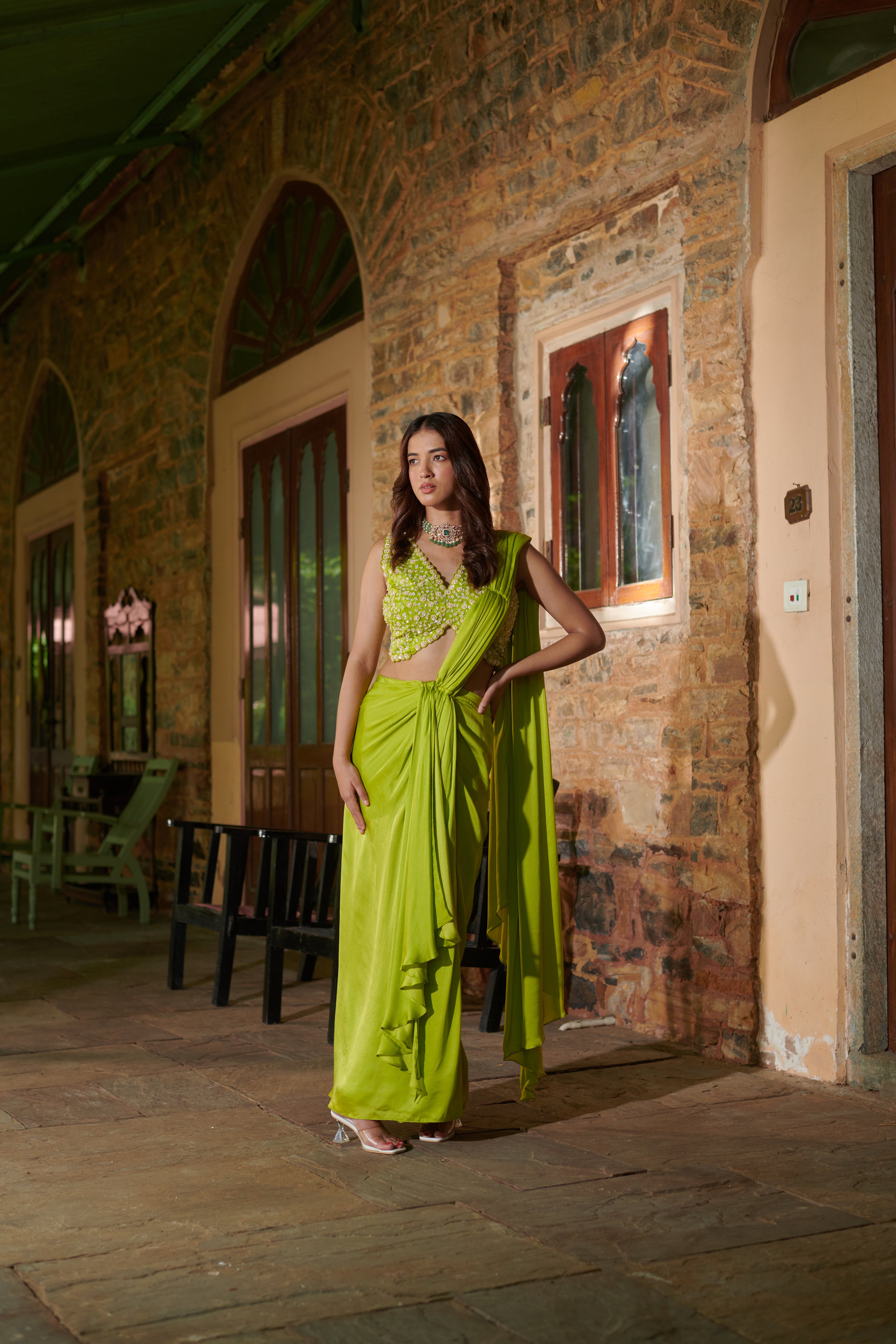 Avani (अवनी) - Green Drape Saree Set
