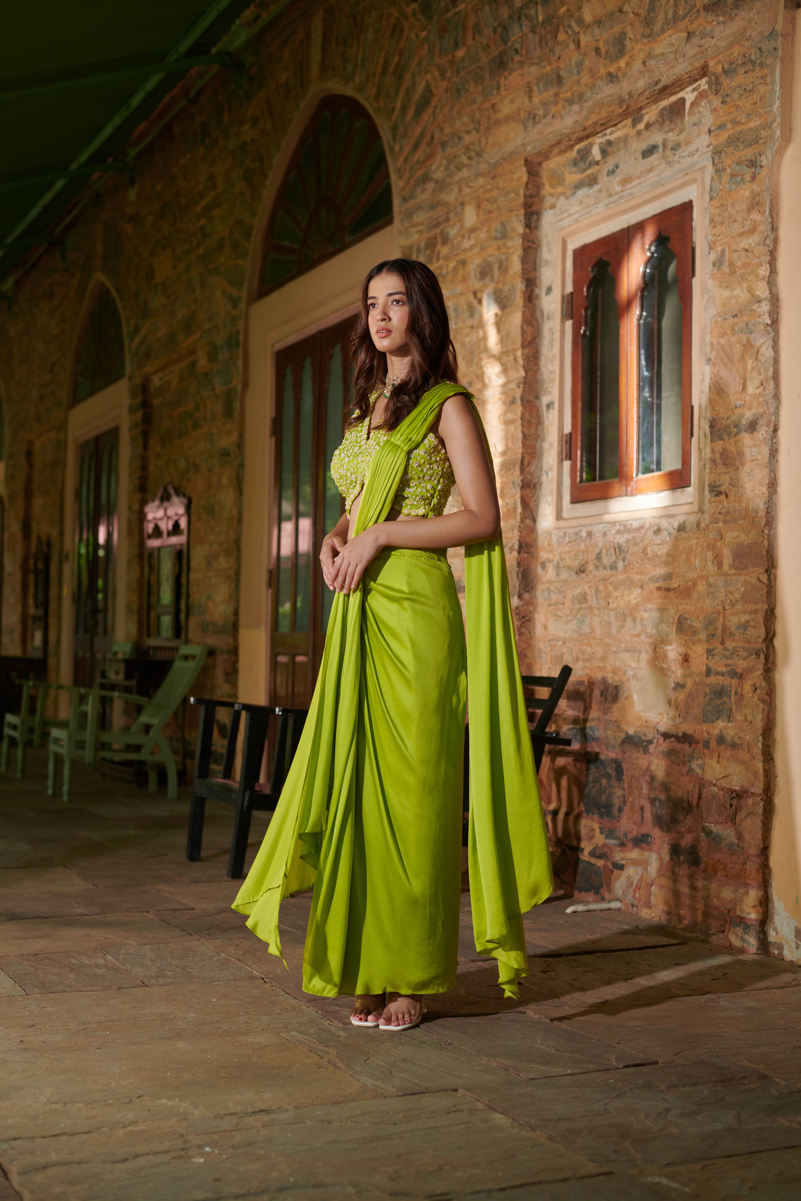 Avani (अवनी) - Green Drape Saree Set