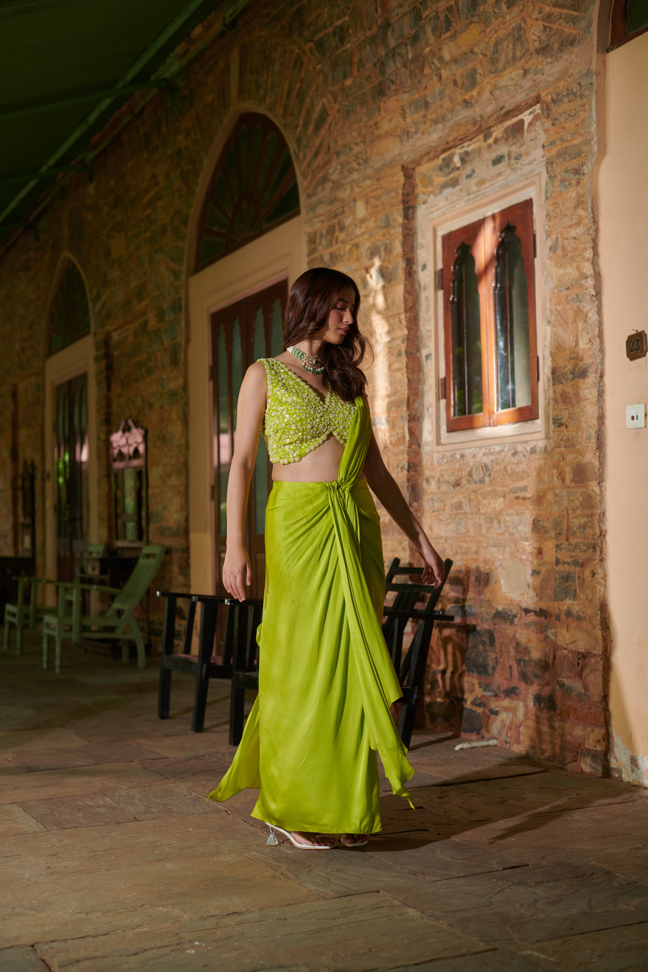 Avani (अवनी) - Green Drape Saree Set