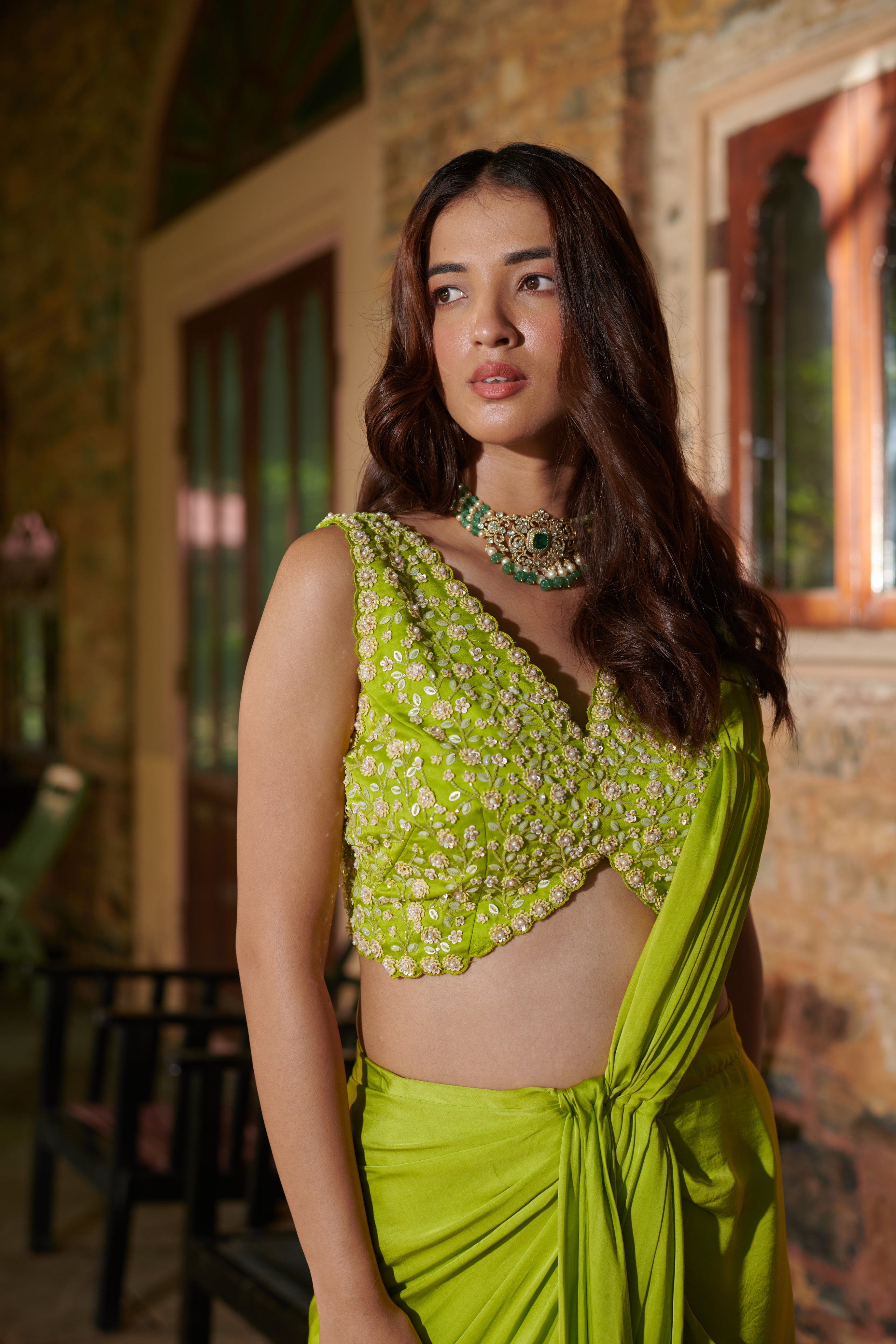 Avani (अवनी) - Green Drape Saree Set
