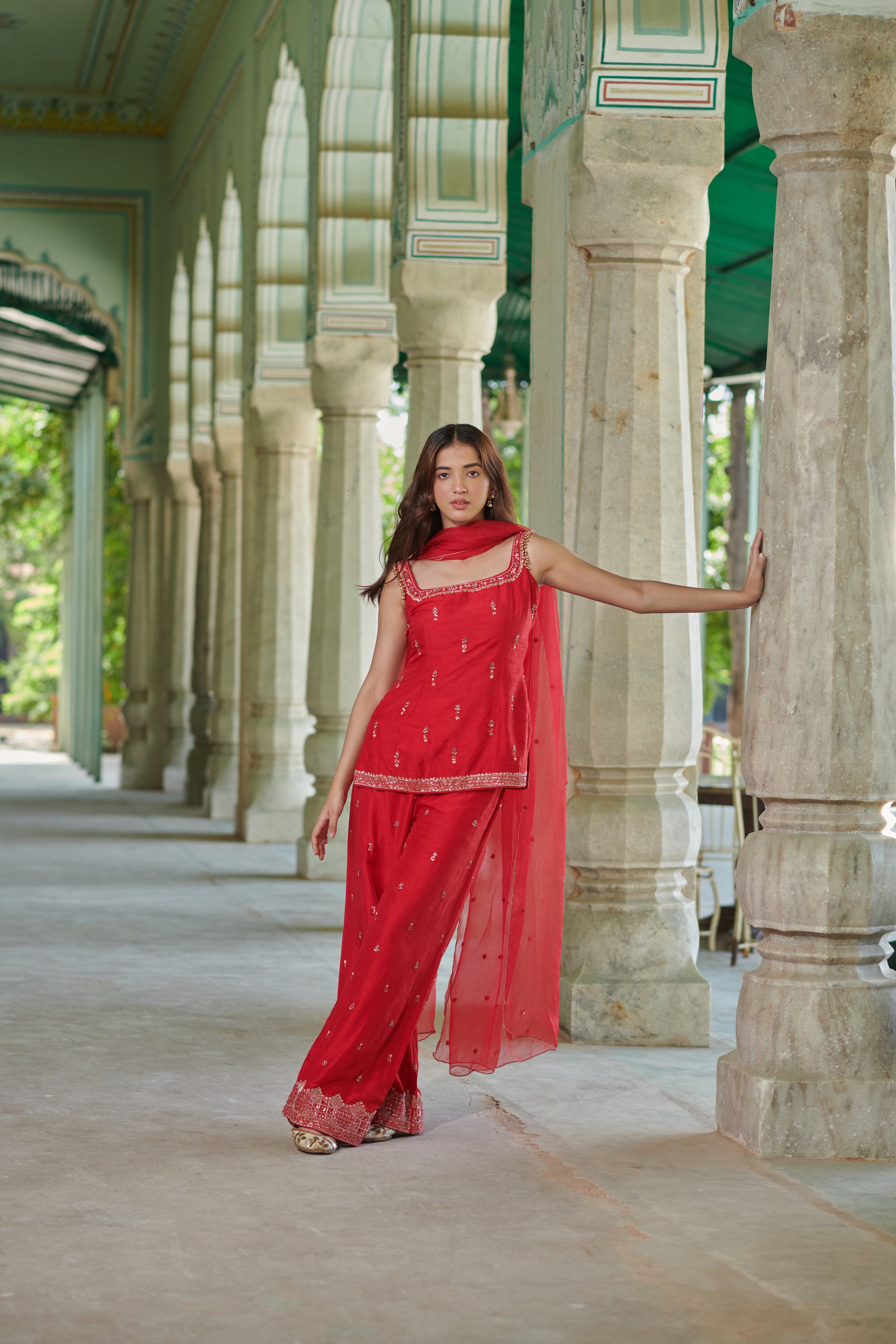Sohini (सोहिनी) - Red Embroidered Kurta with Pants Set