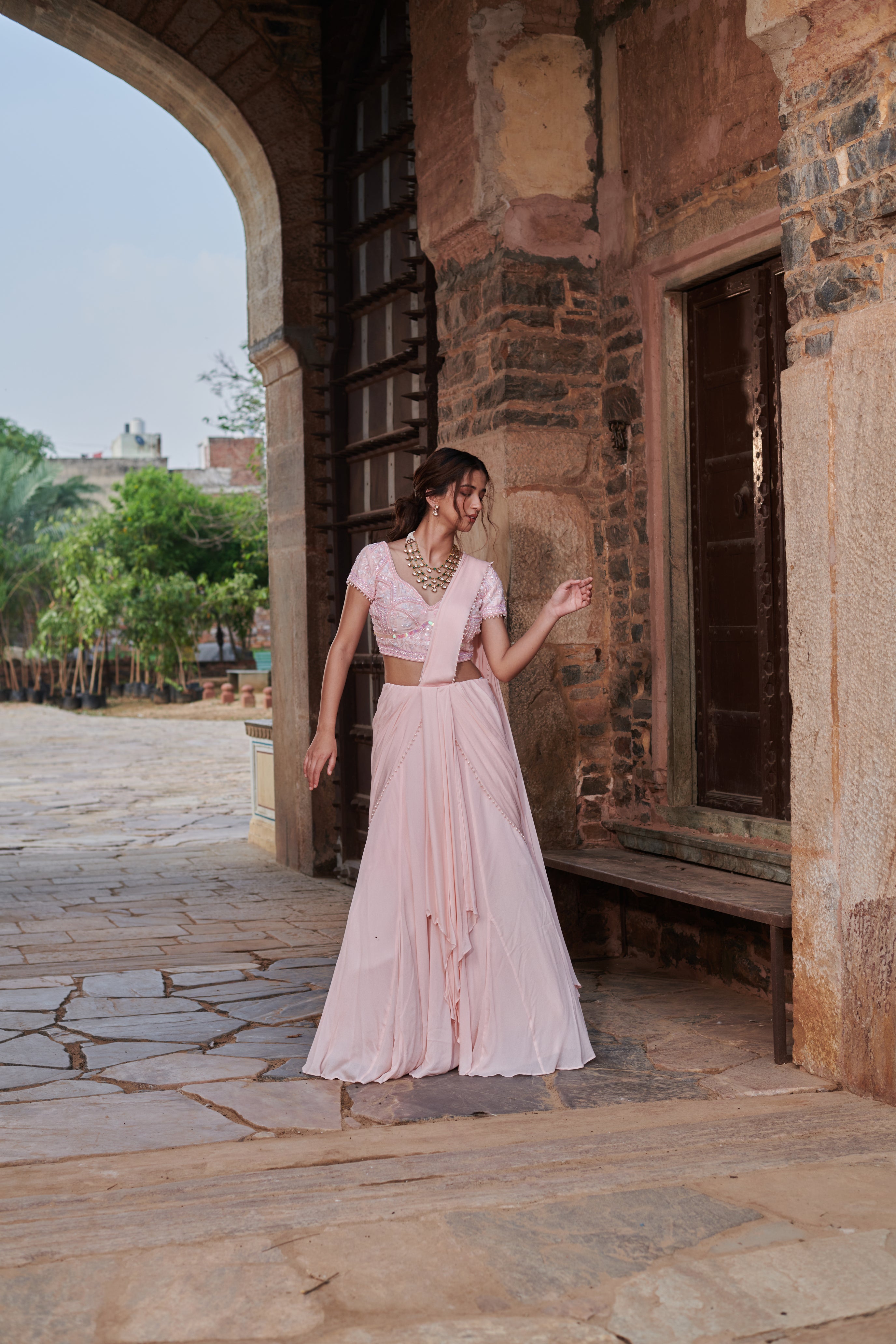 Ananda Laharī (आनन्द लहरी) - Pink Drape Lehenga Set