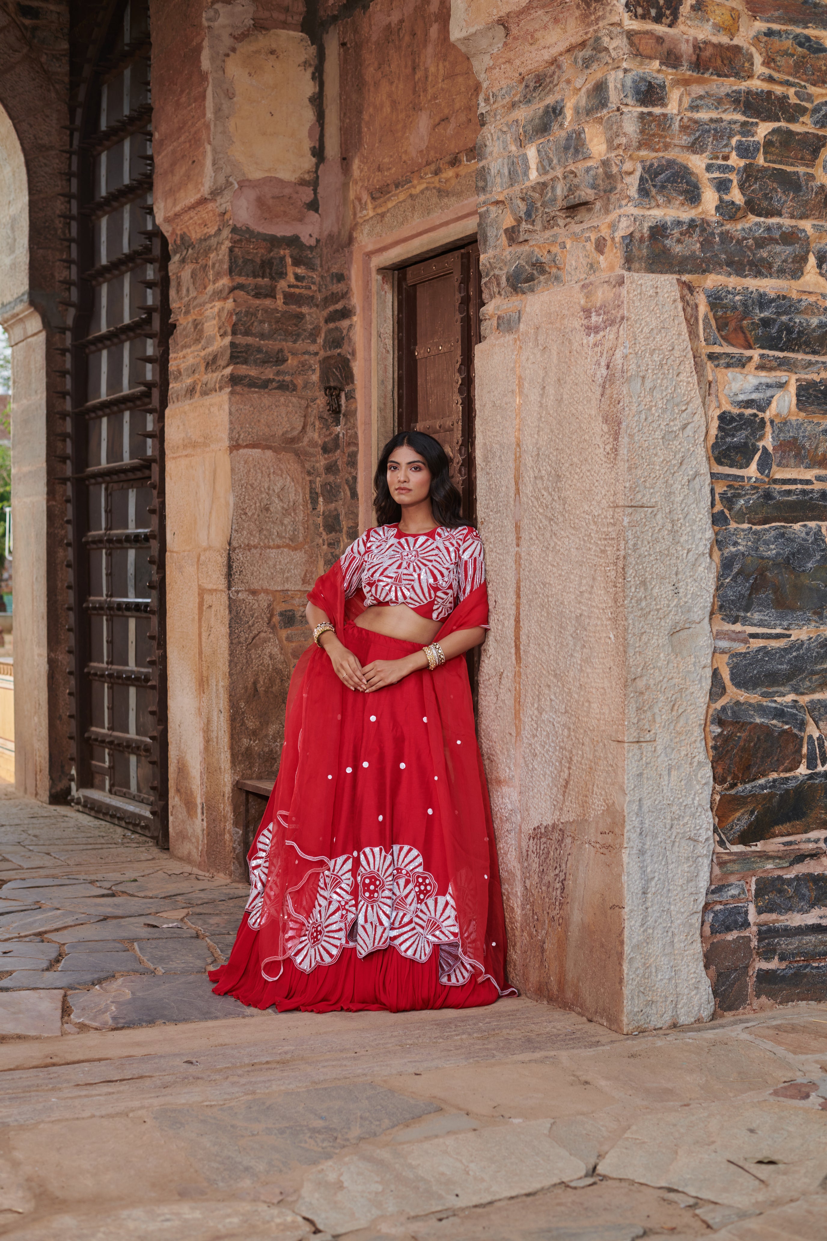 Rudrākṣī (रुद्राक्षी) - Red Embroidered Lehenga Set