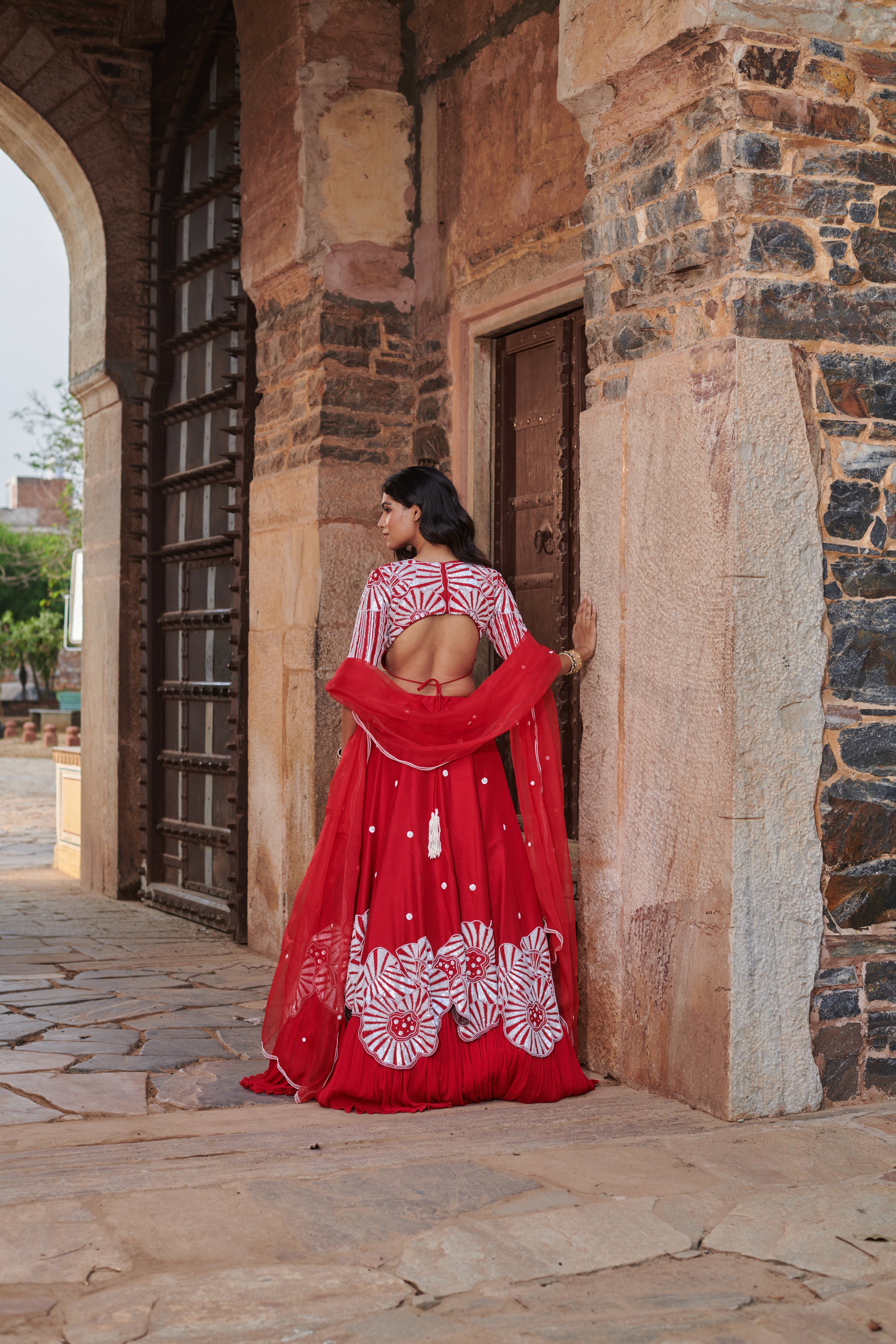 Rudrākṣī (रुद्राक्षी) - Red Embroidered Lehenga Set