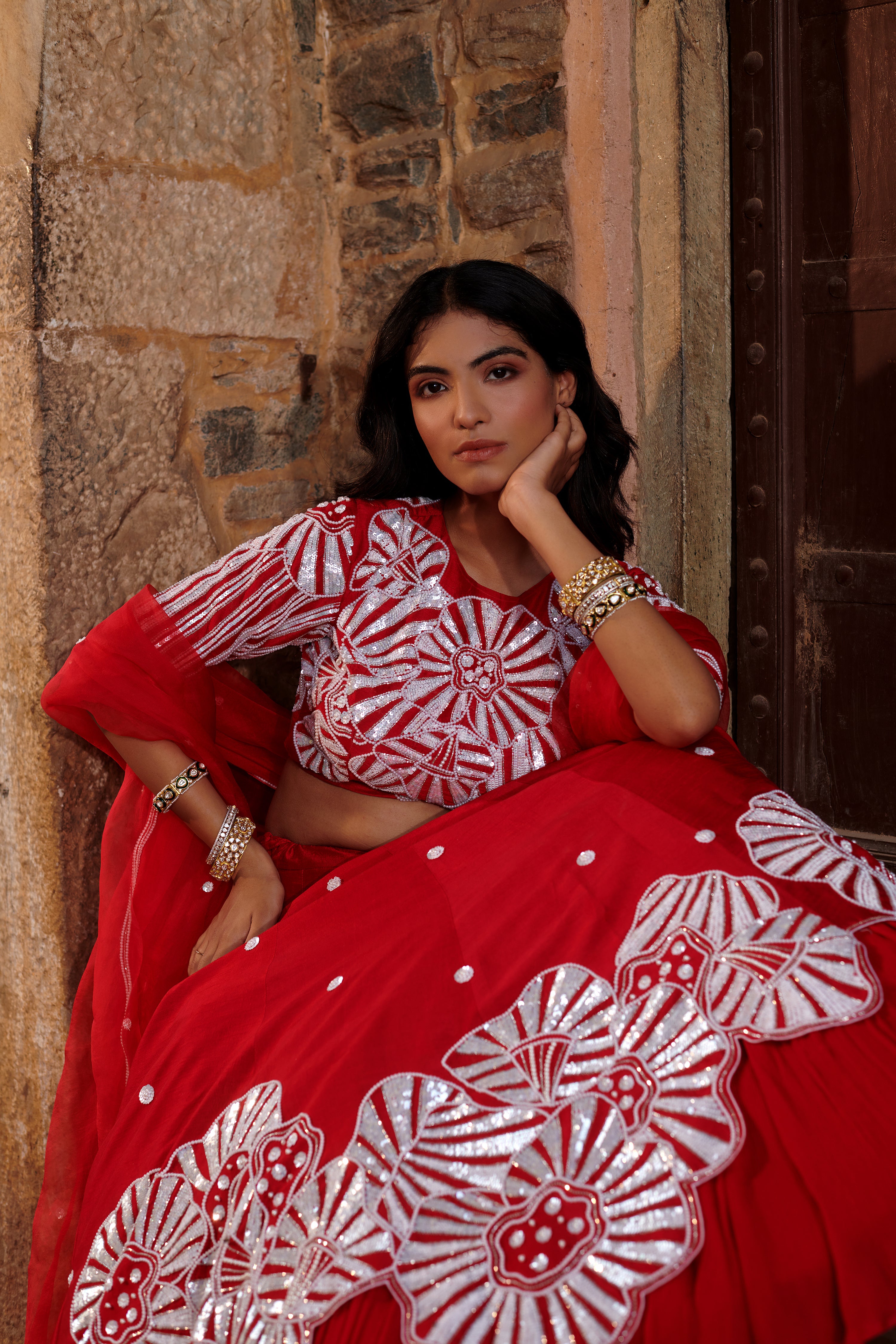 Rudrākṣī (रुद्राक्षी) - Red Embroidered Lehenga Set