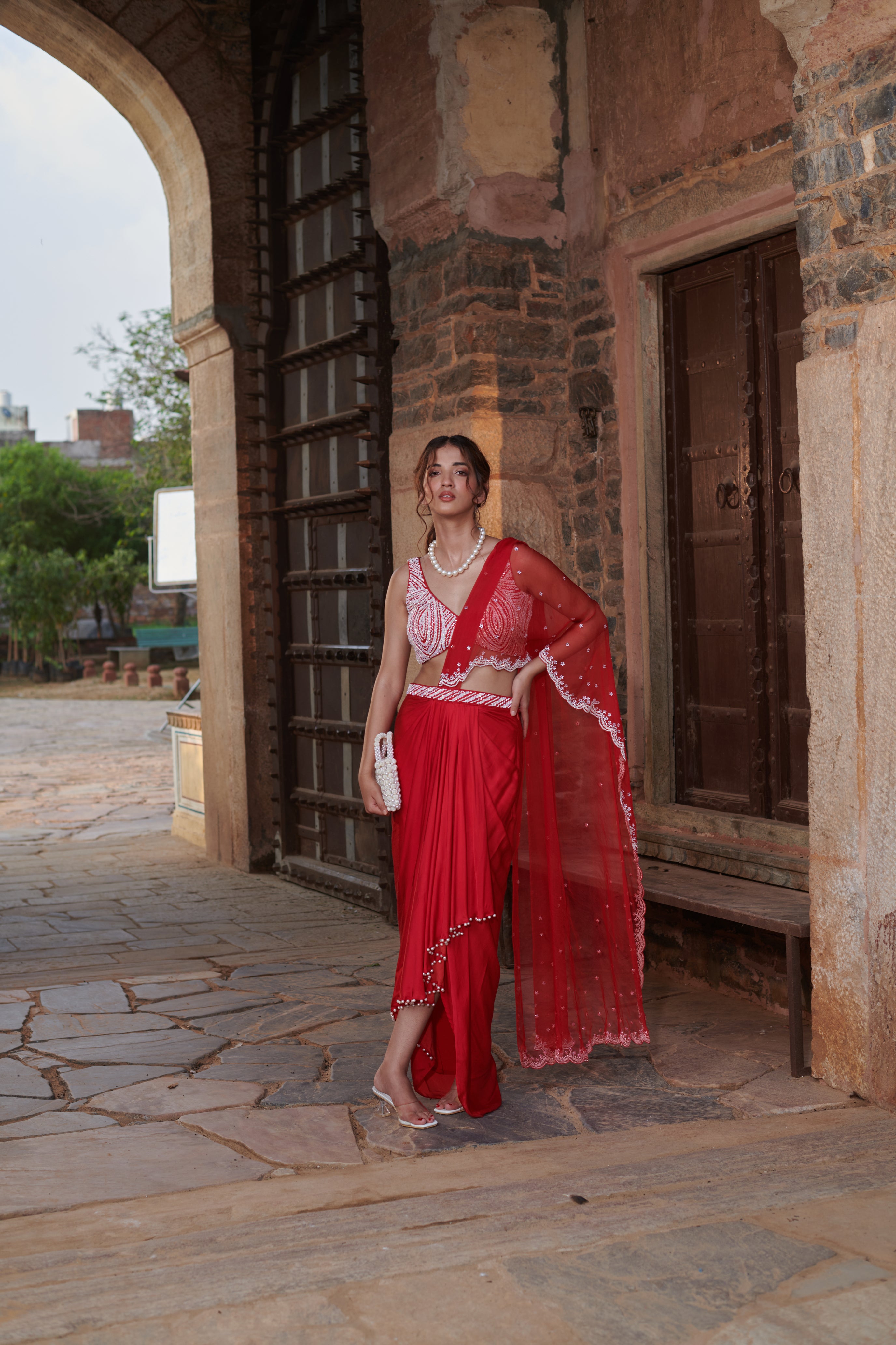 Sindūrā (सिन्दूरा)- Embroidered Blouse with Drape Skirt Set
