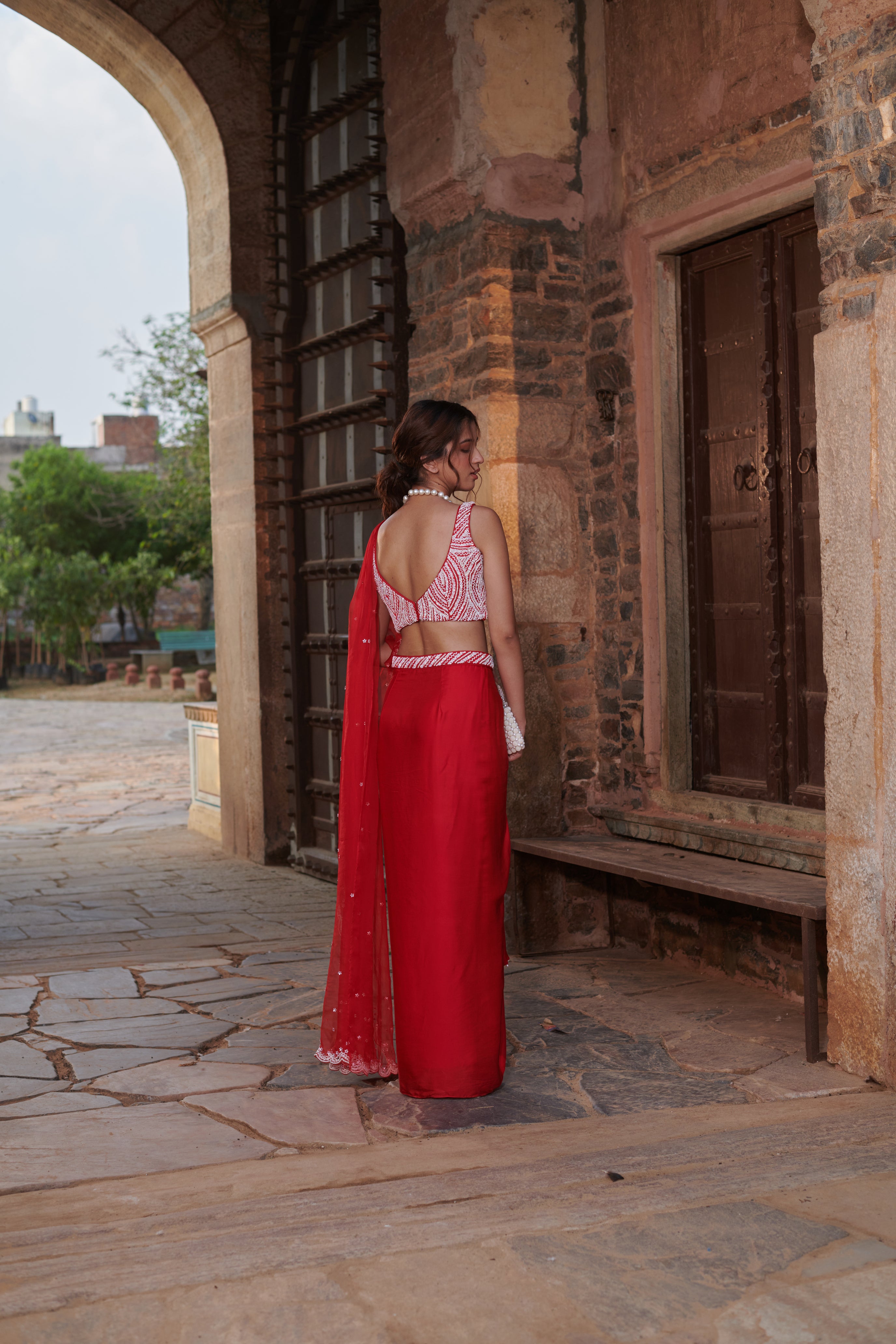 Sindūrā (सिन्दूरा)- Embroidered Blouse with Drape Skirt Set