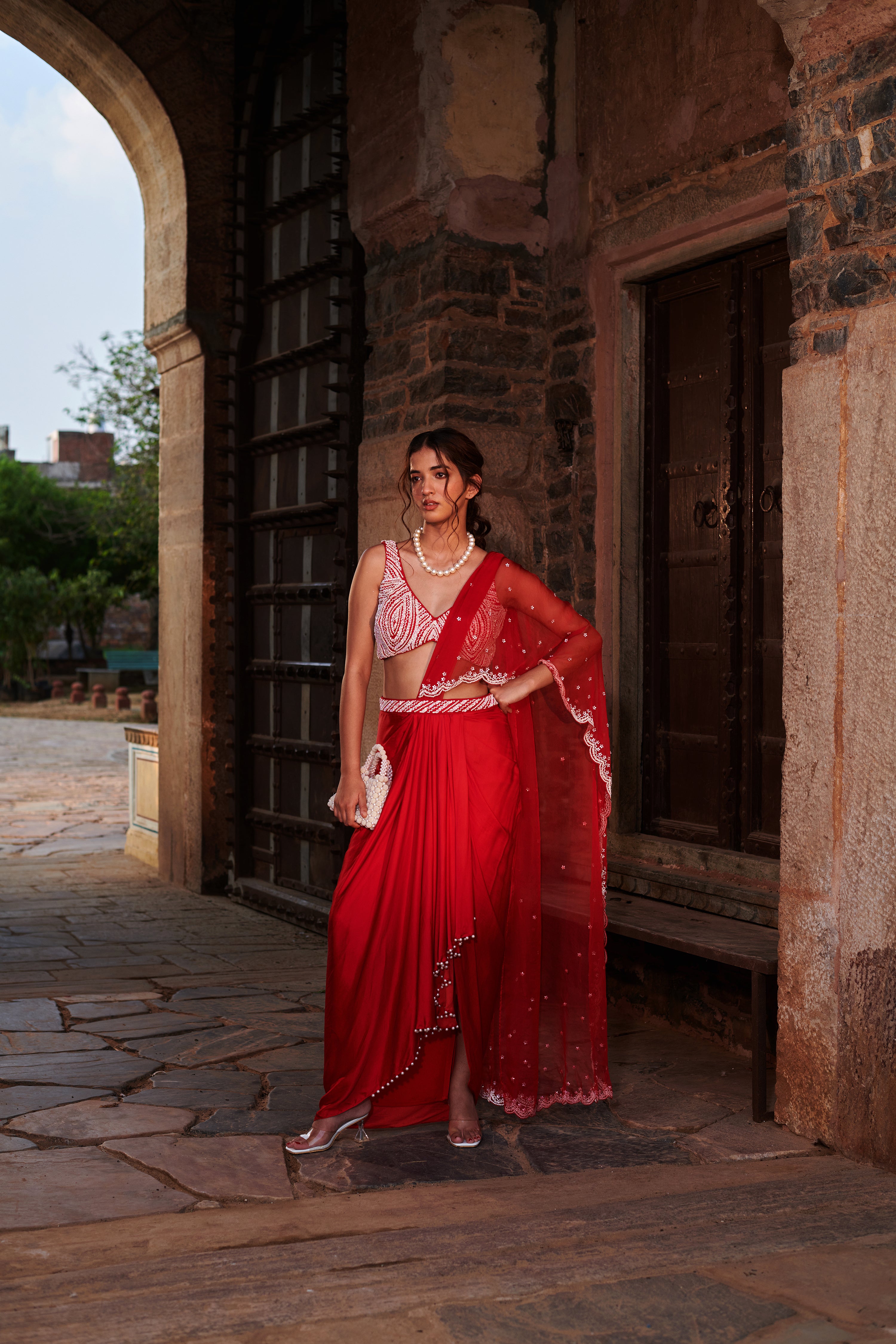 Sindūrā (सिन्दूरा)- Embroidered Blouse with Drape Skirt Set