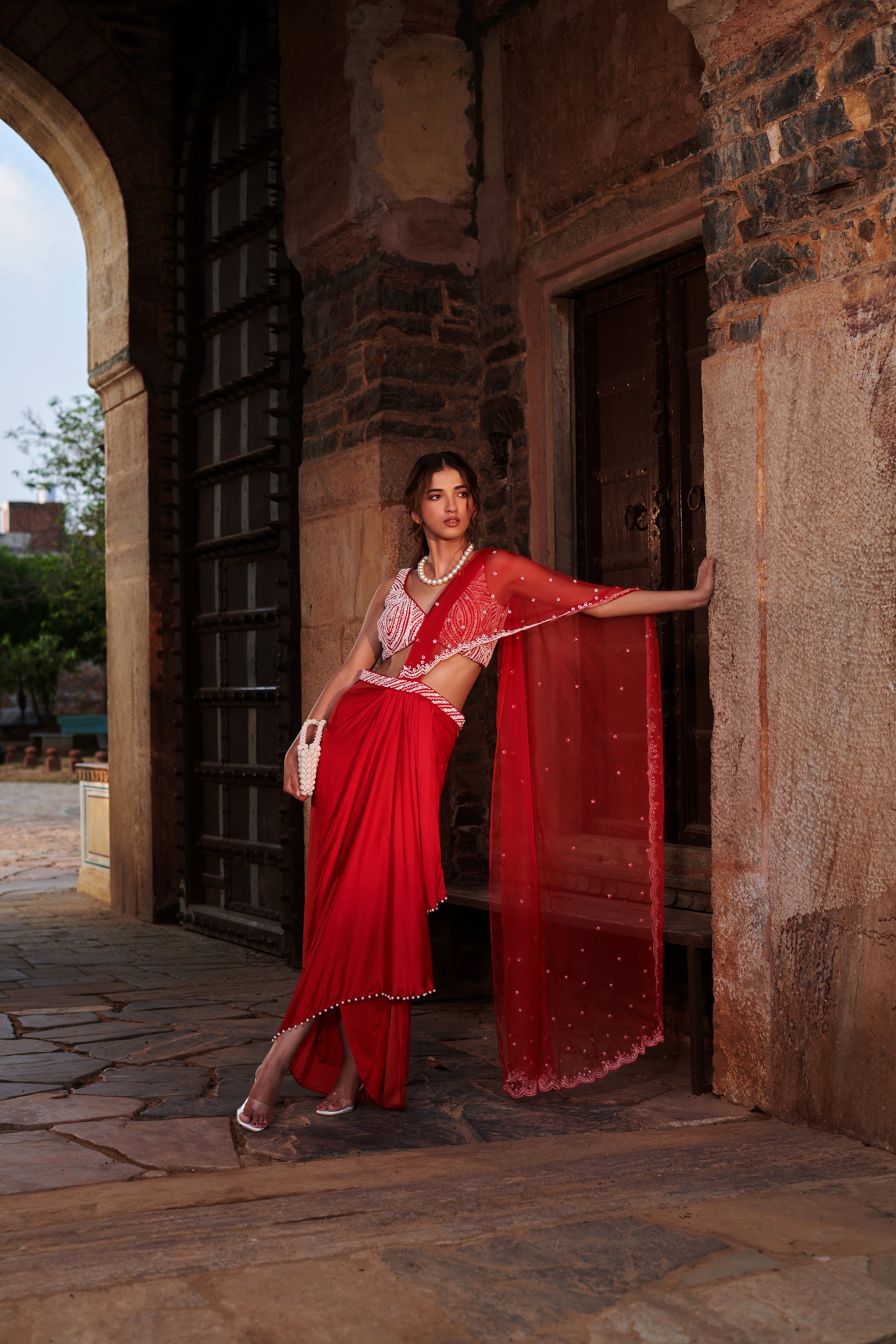 Sindūrā (सिन्दूरा)- Embroidered Blouse with Drape Skirt Set