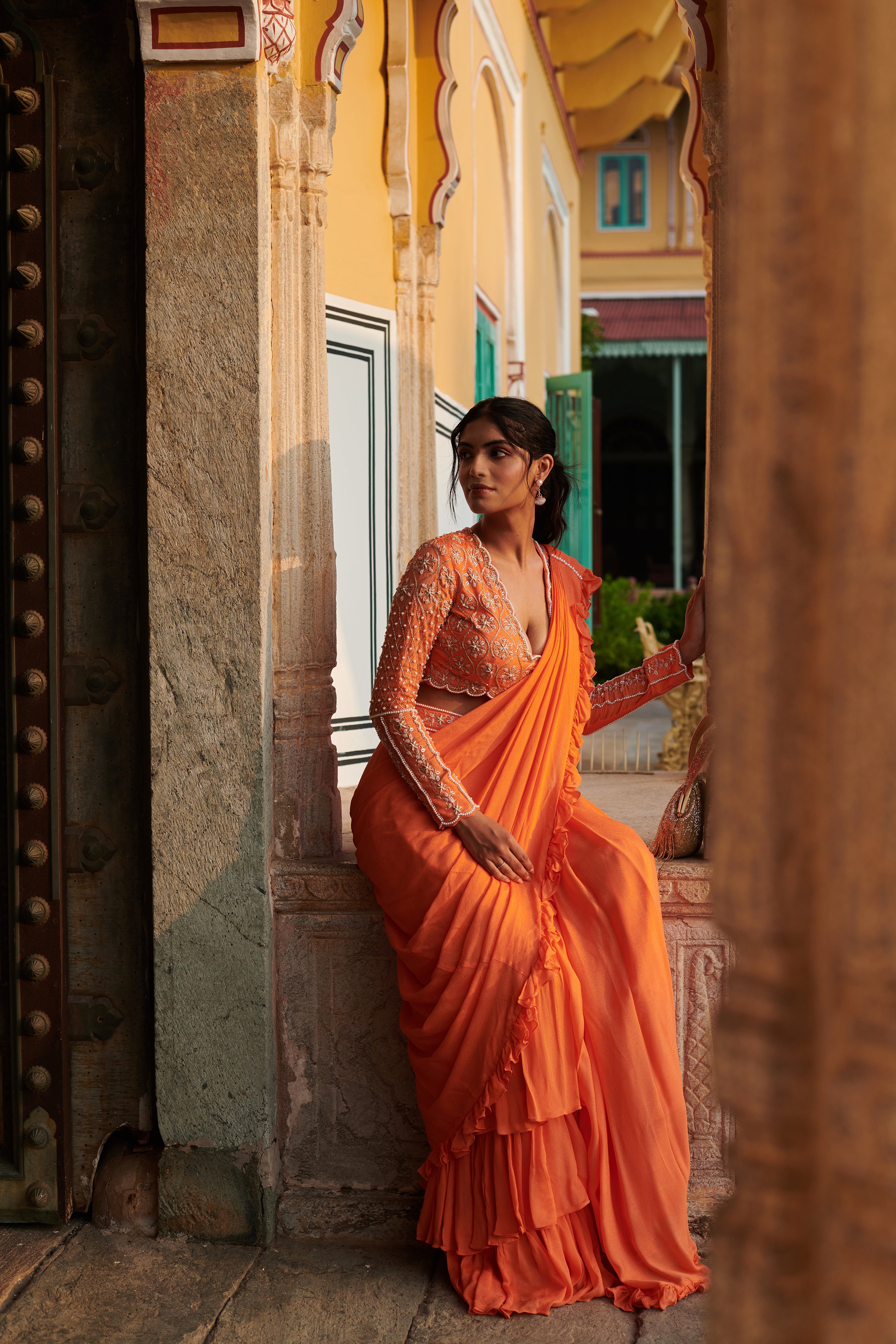 Agnirūpā (अग्निरूपा) - Orange Drape Saree Set