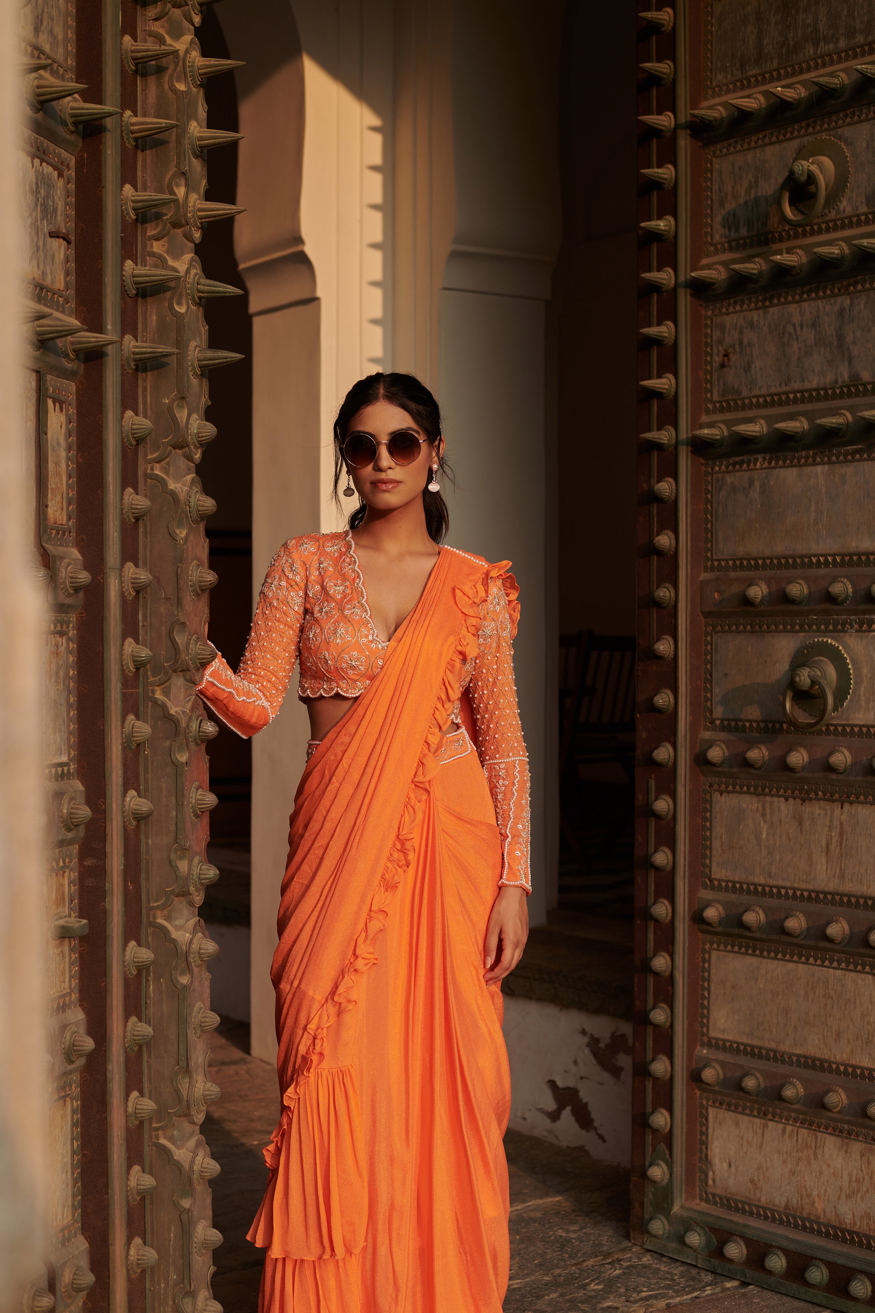 Agnirūpā (अग्निरूपा) - Orange Drape Saree Set