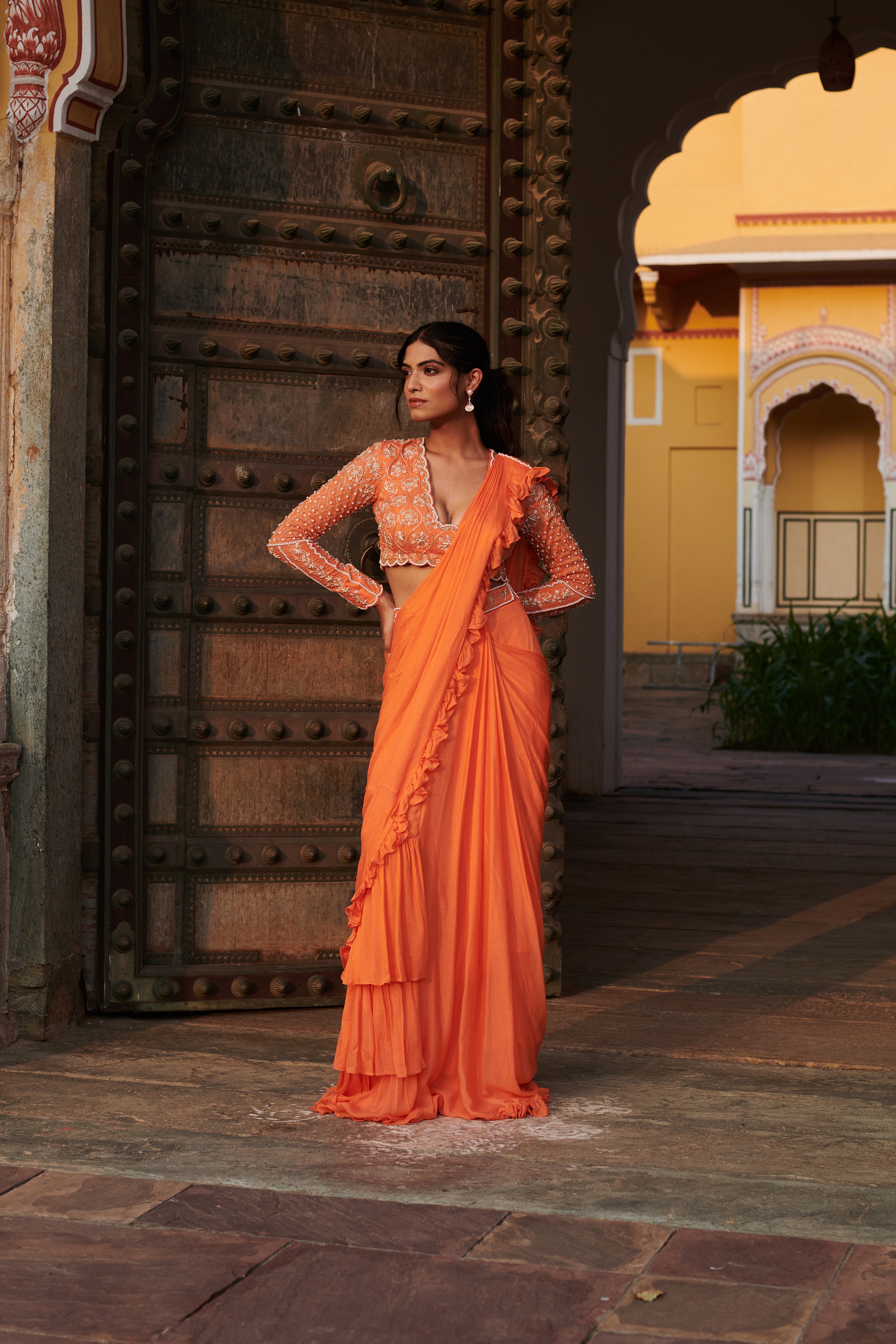 Agnirūpā (अग्निरूपा) - Orange Drape Saree Set