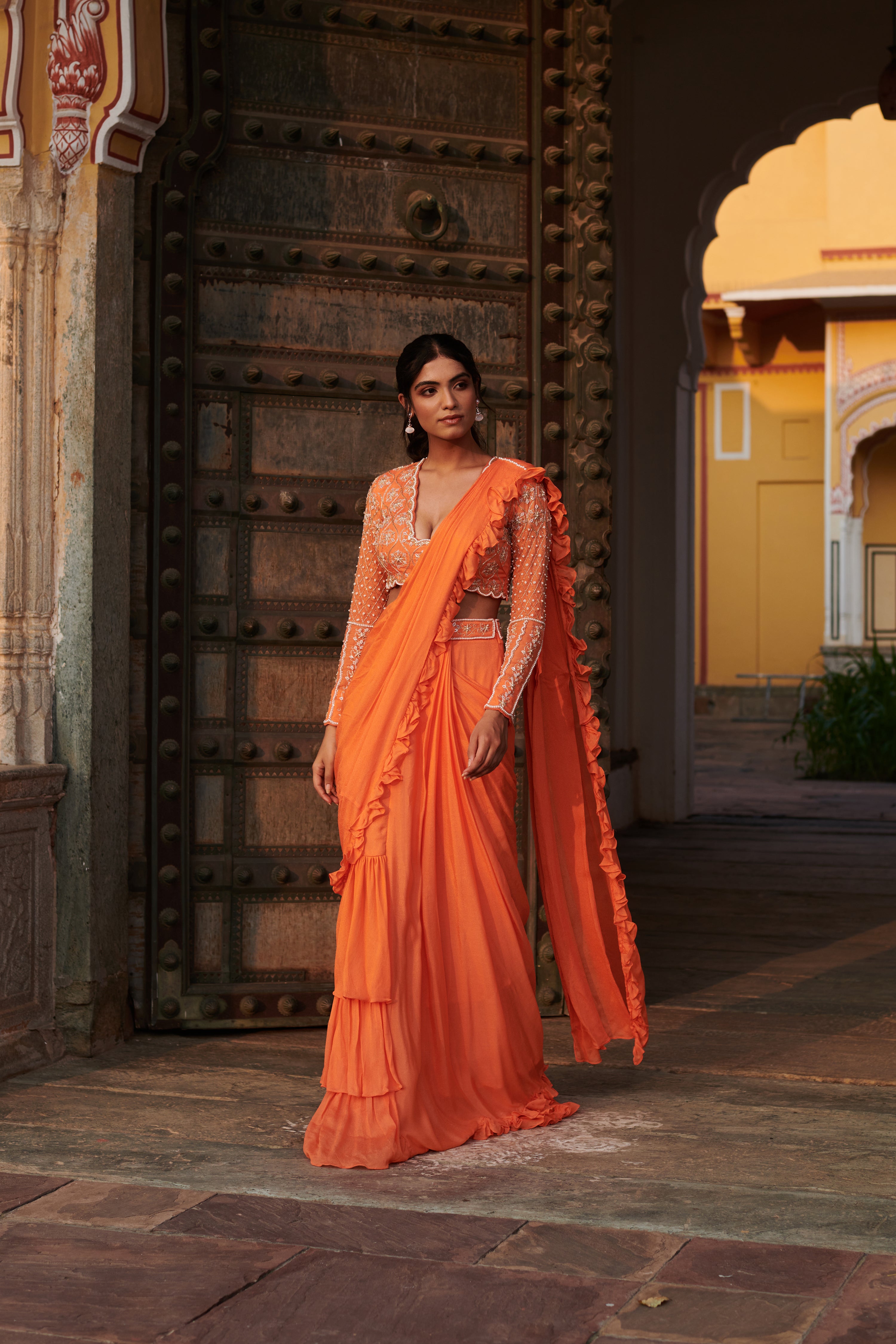 Agnirūpā (अग्निरूपा) - Orange Drape Saree Set