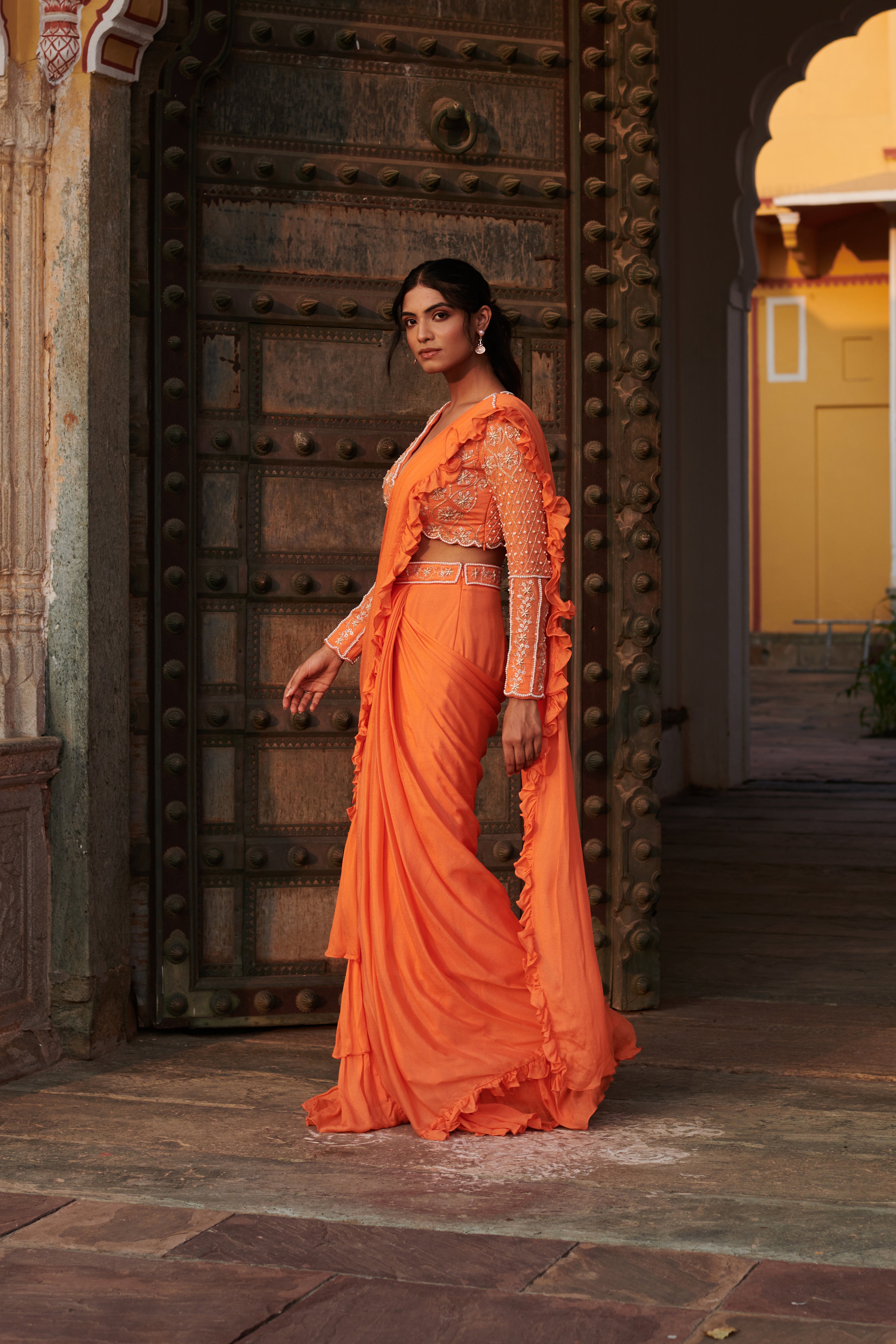 Agnirūpā (अग्निरूपा) - Orange Drape Saree Set
