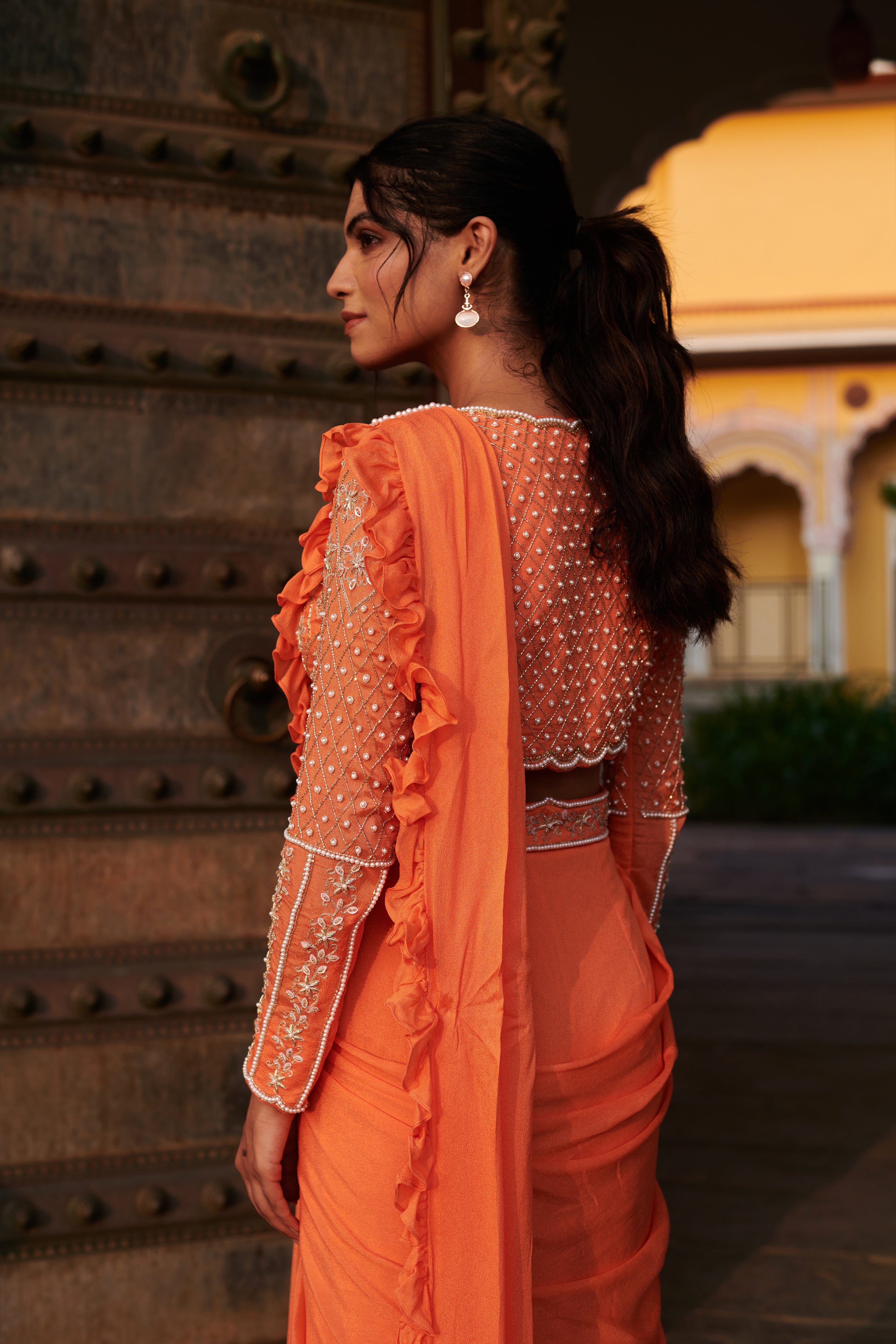 Agnirūpā (अग्निरूपा) - Orange Drape Saree Set