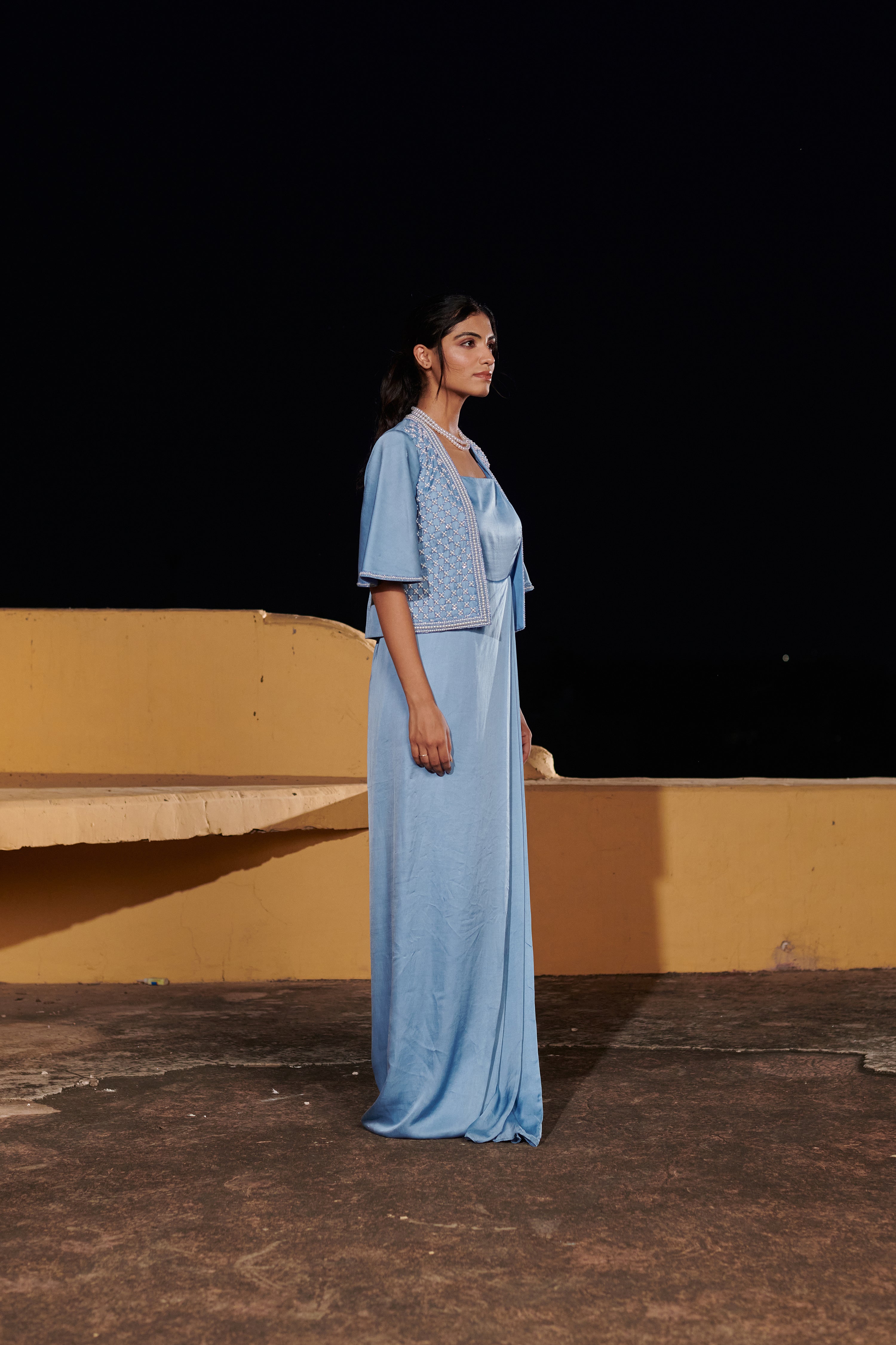 Śaśikalā (शशिकला) - Blue Embroidered Jacket with Drape Dress set