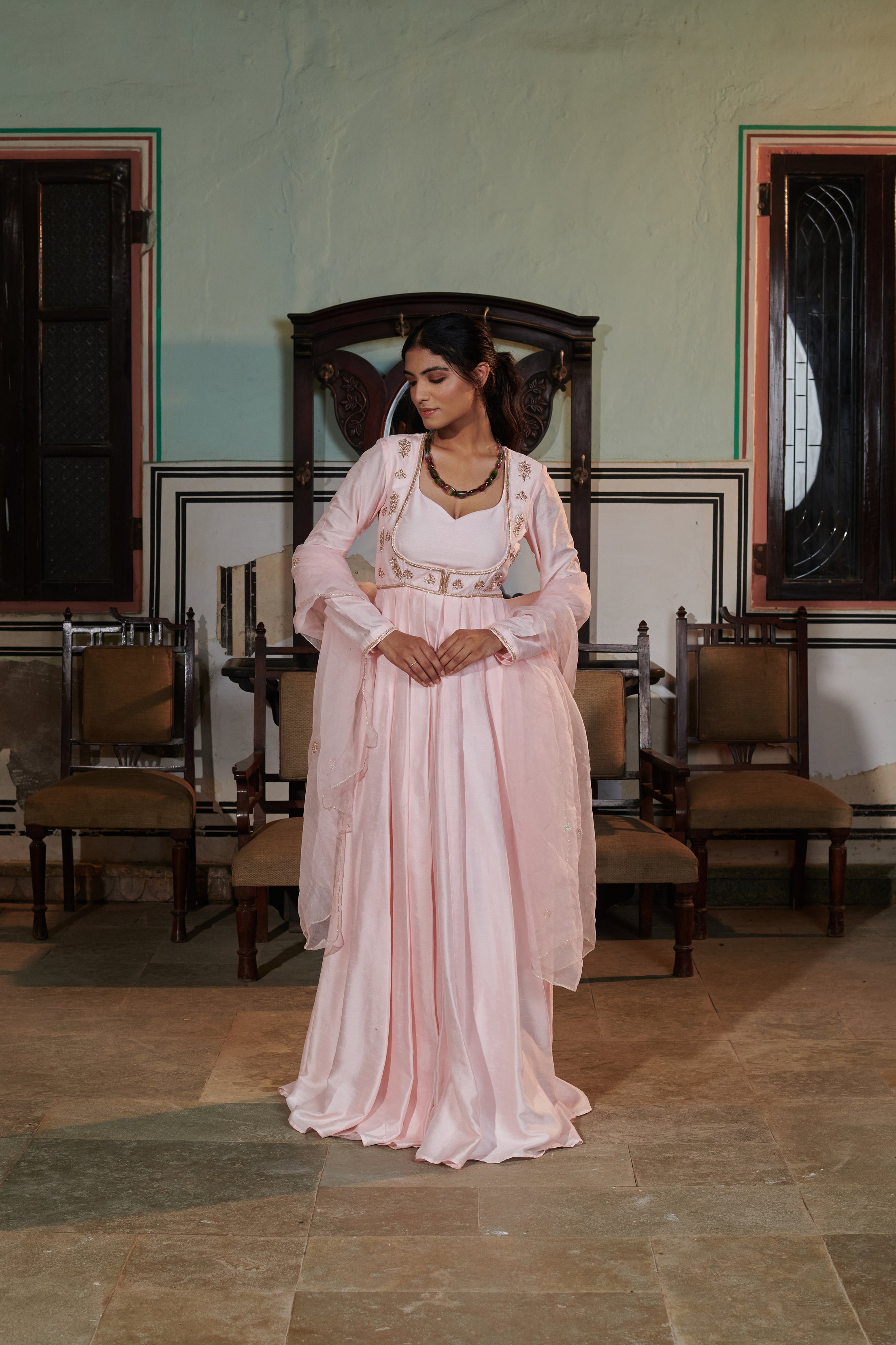 Vasudhā (वसुधा) - Pink Embroidered Gown Set
