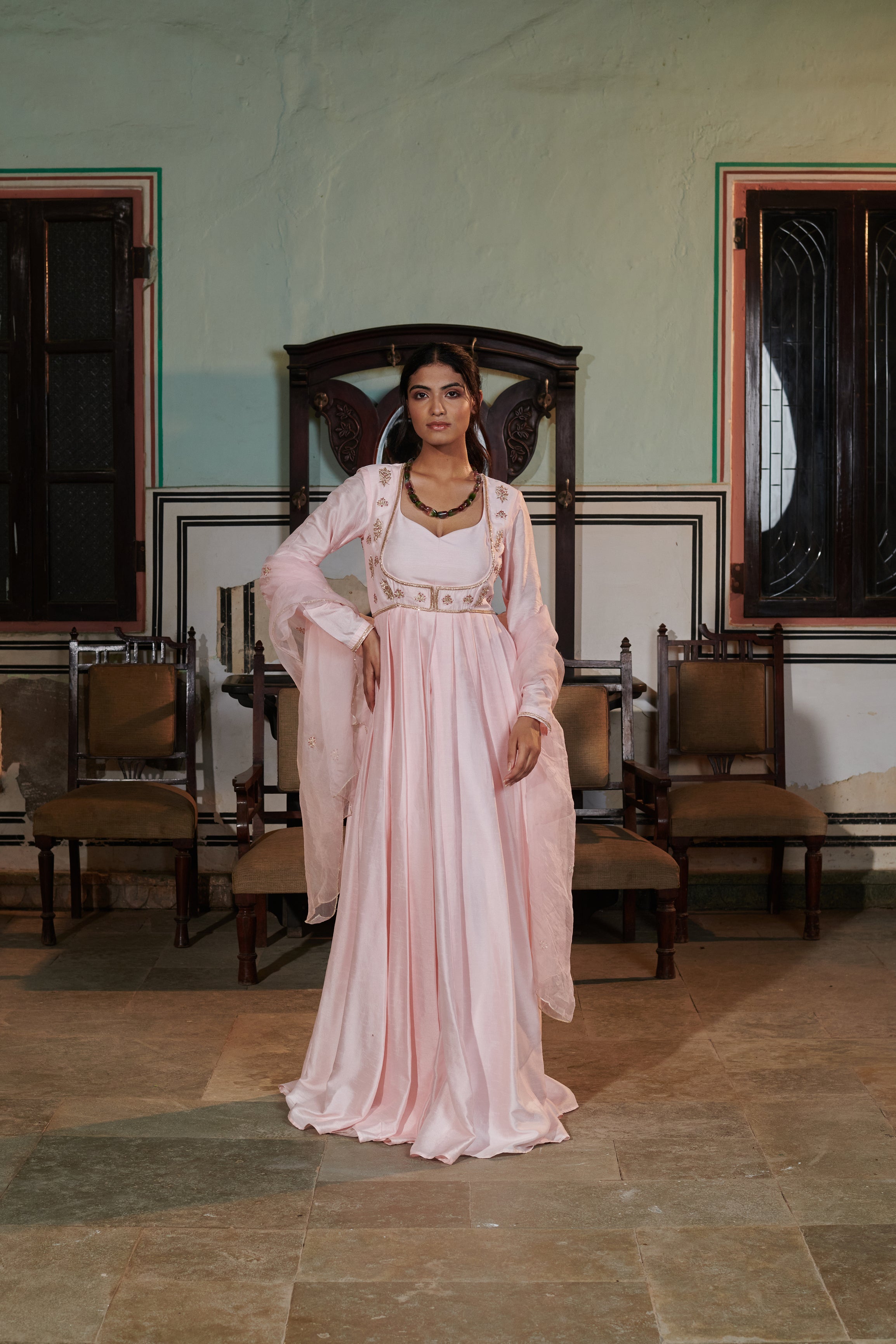 Vasudhā (वसुधा) - Pink Embroidered Gown Set