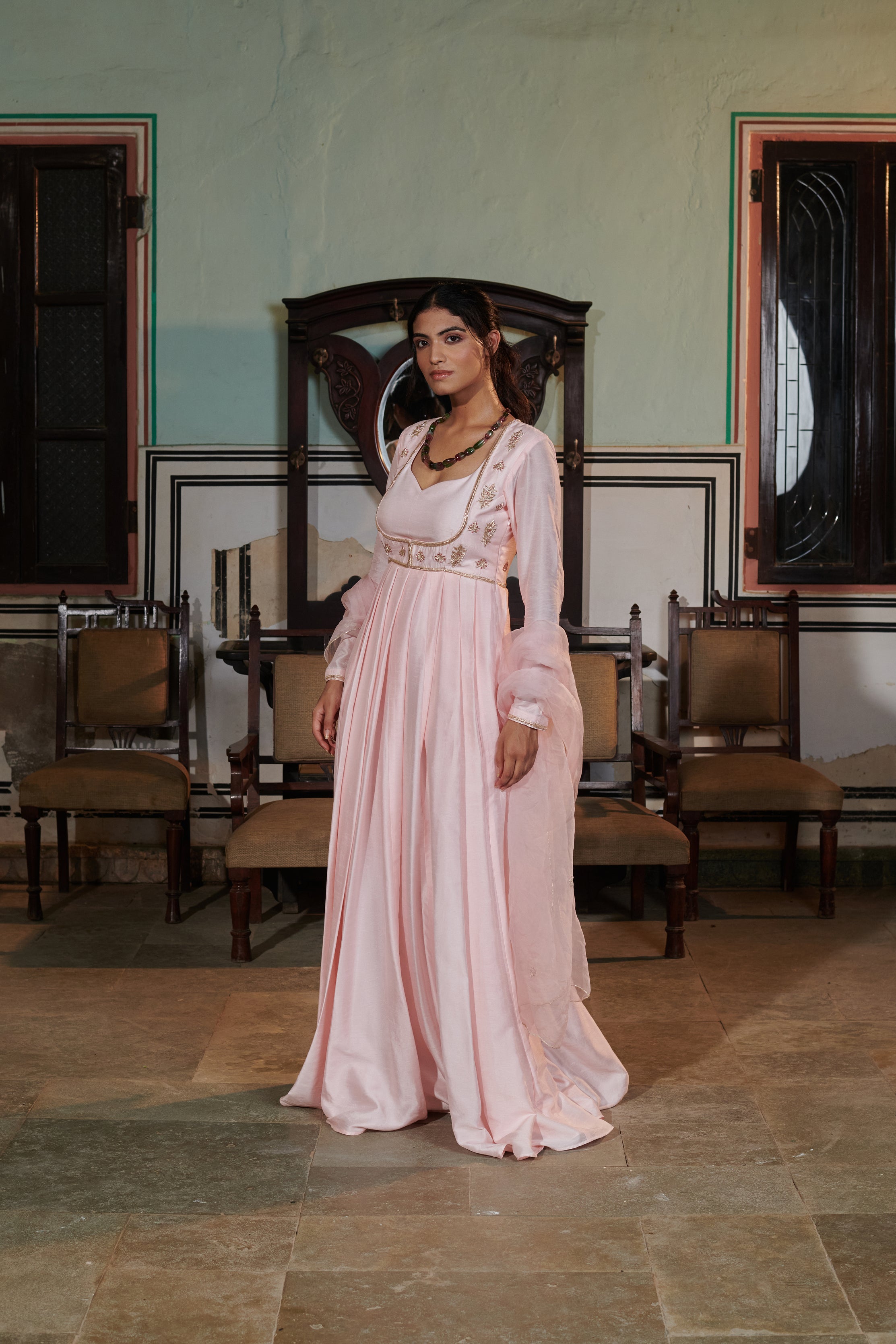 Vasudhā (वसुधा) - Pink Embroidered Gown Set