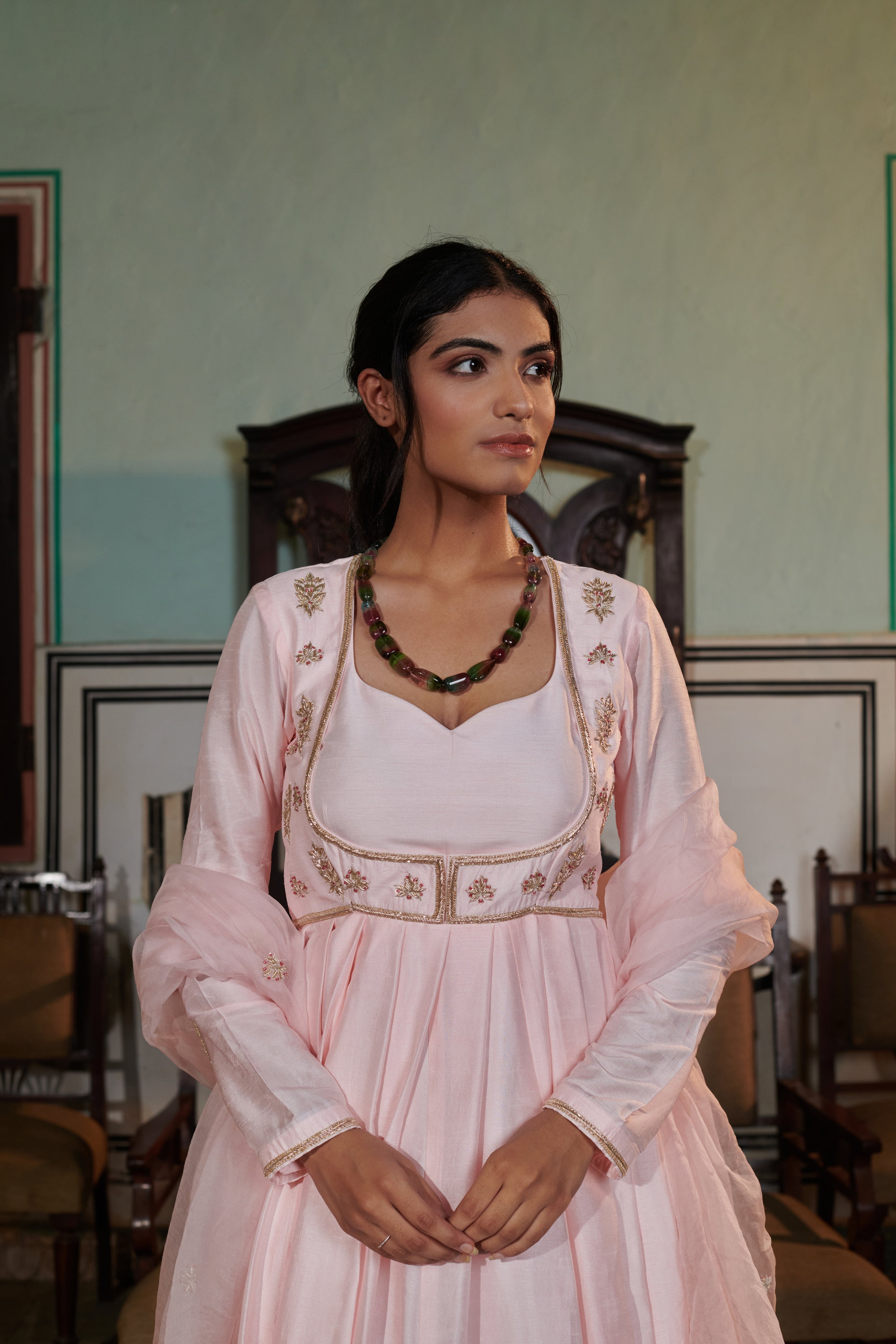 Vasudhā (वसुधा) - Pink Embroidered Gown Set