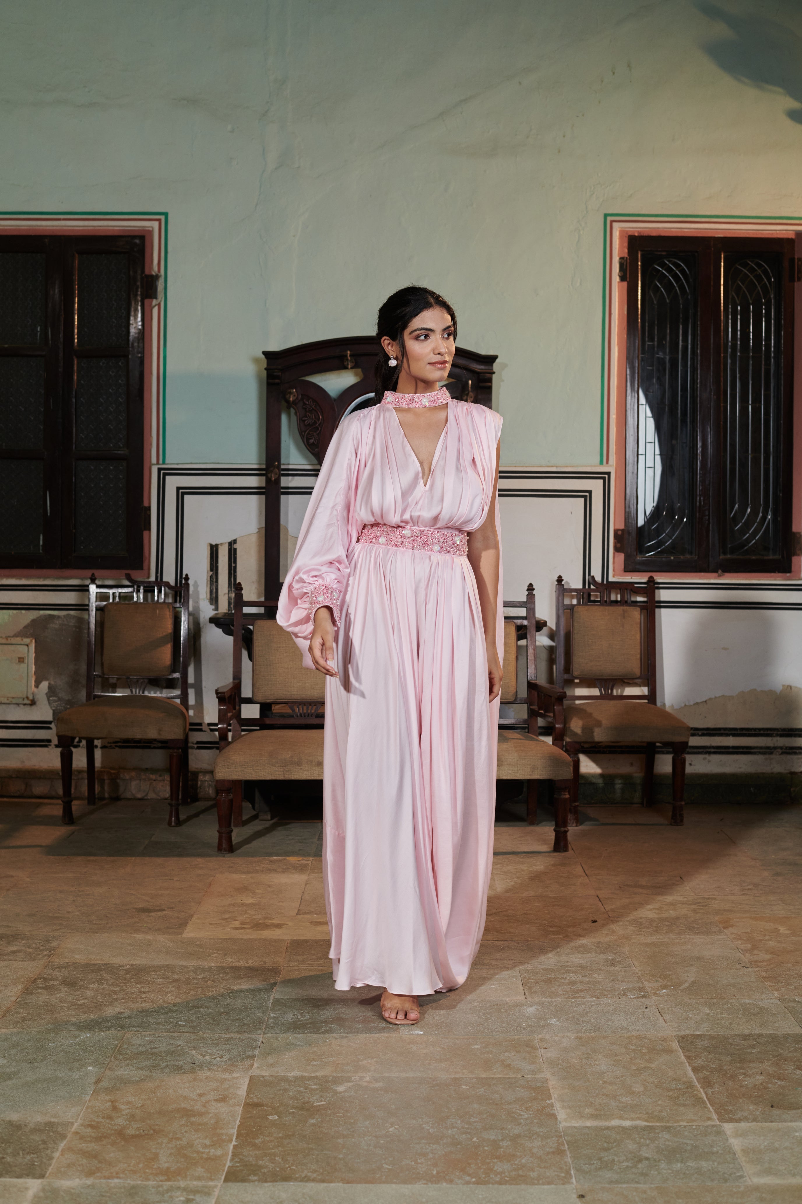 Amogha (अमोघ) - Pink Embroidered Drape Gown