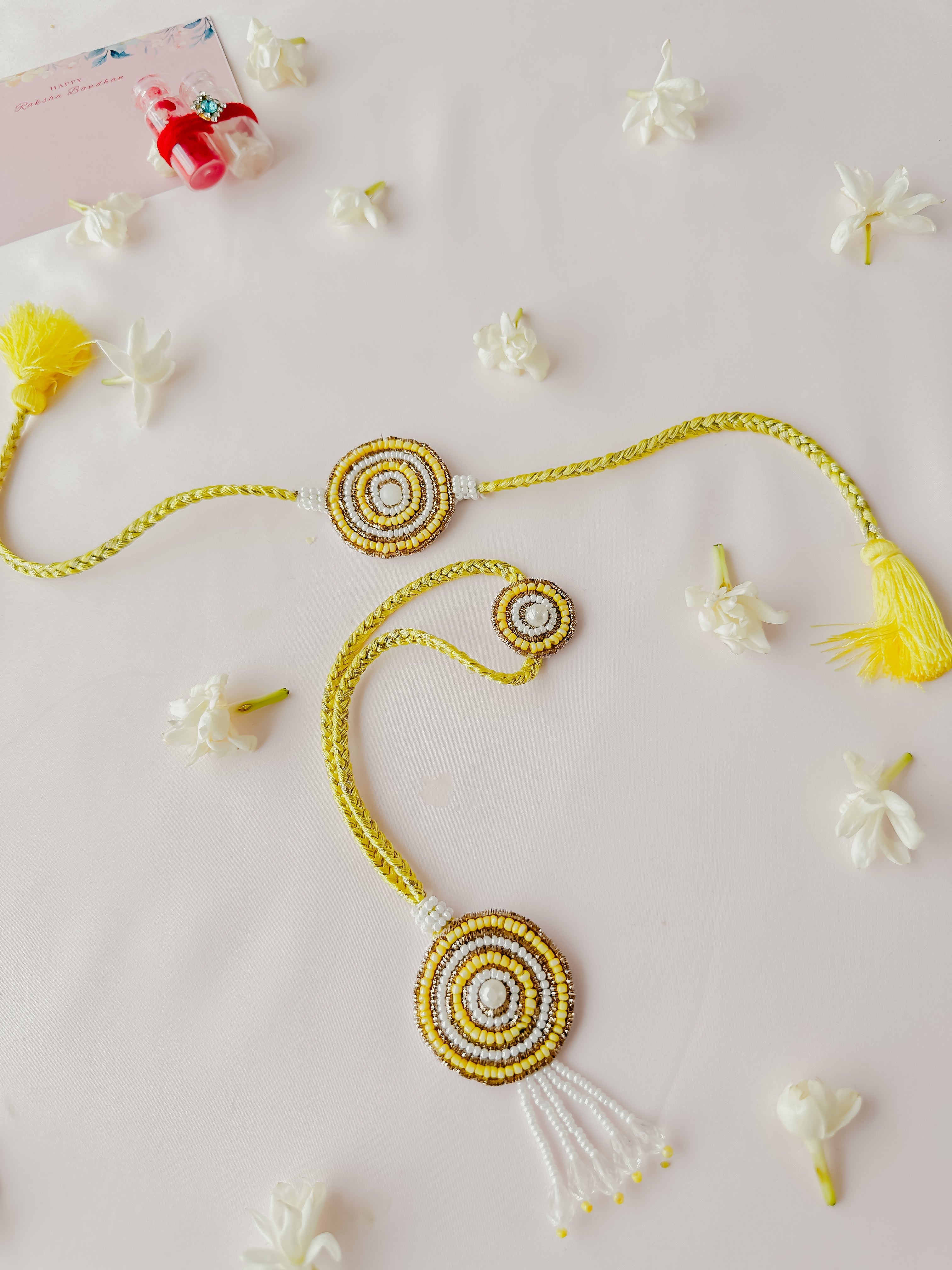 Yellow Vibrant Bloom Lumba Set Handmade Rakhi