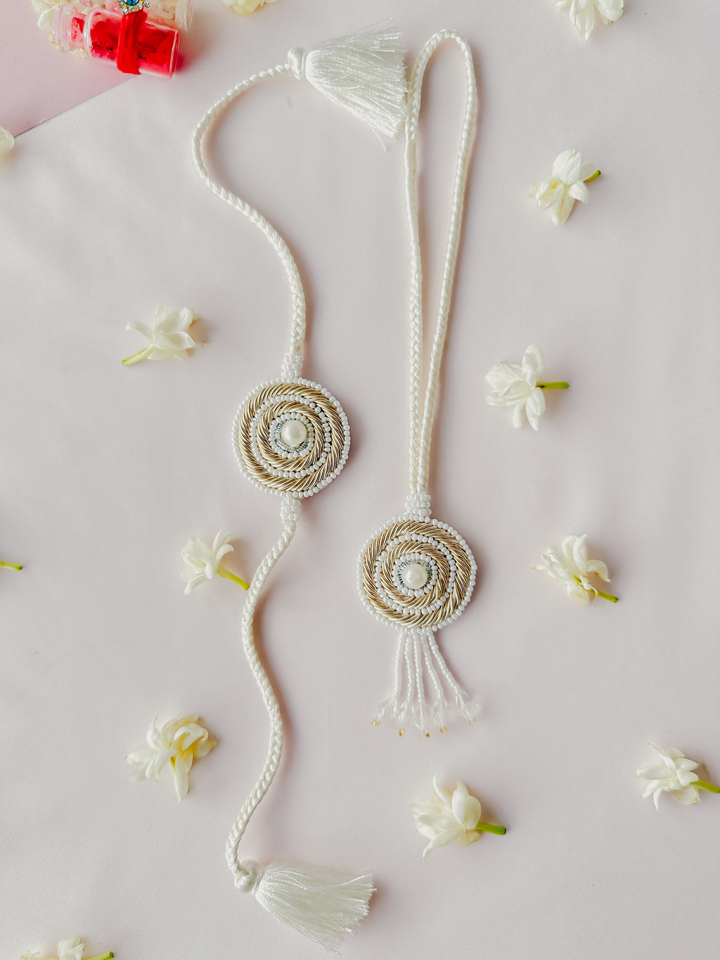 White Vibrant Bloom Lumba set Handmade Rakhi