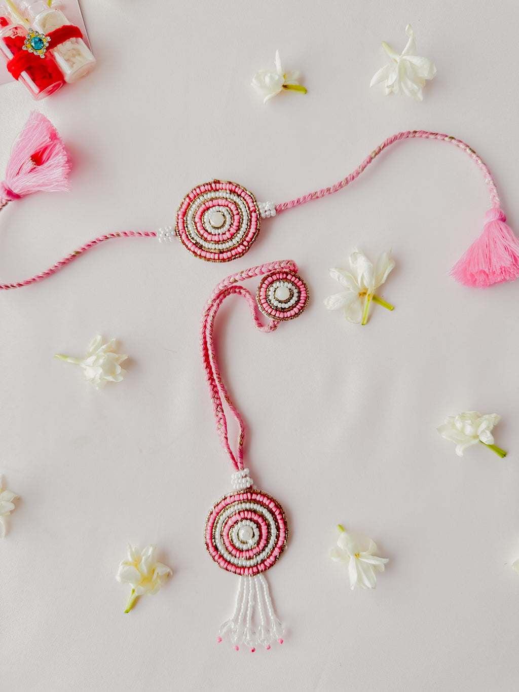 Pink Vibrant Bloom Lumba Set Handmade Rakhi