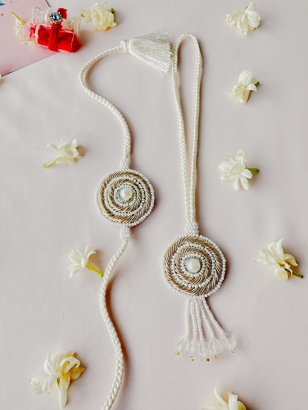 White Vibrant Bloom Lumba set Handmade Rakhi