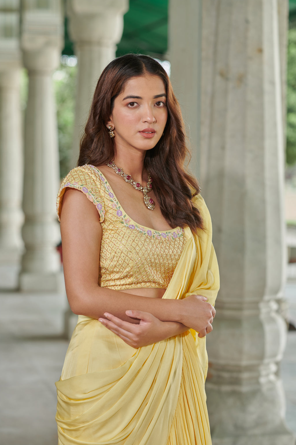 Svarṇasmitā (स्वर्णस्मिता) - Yellow Drape Saree Set