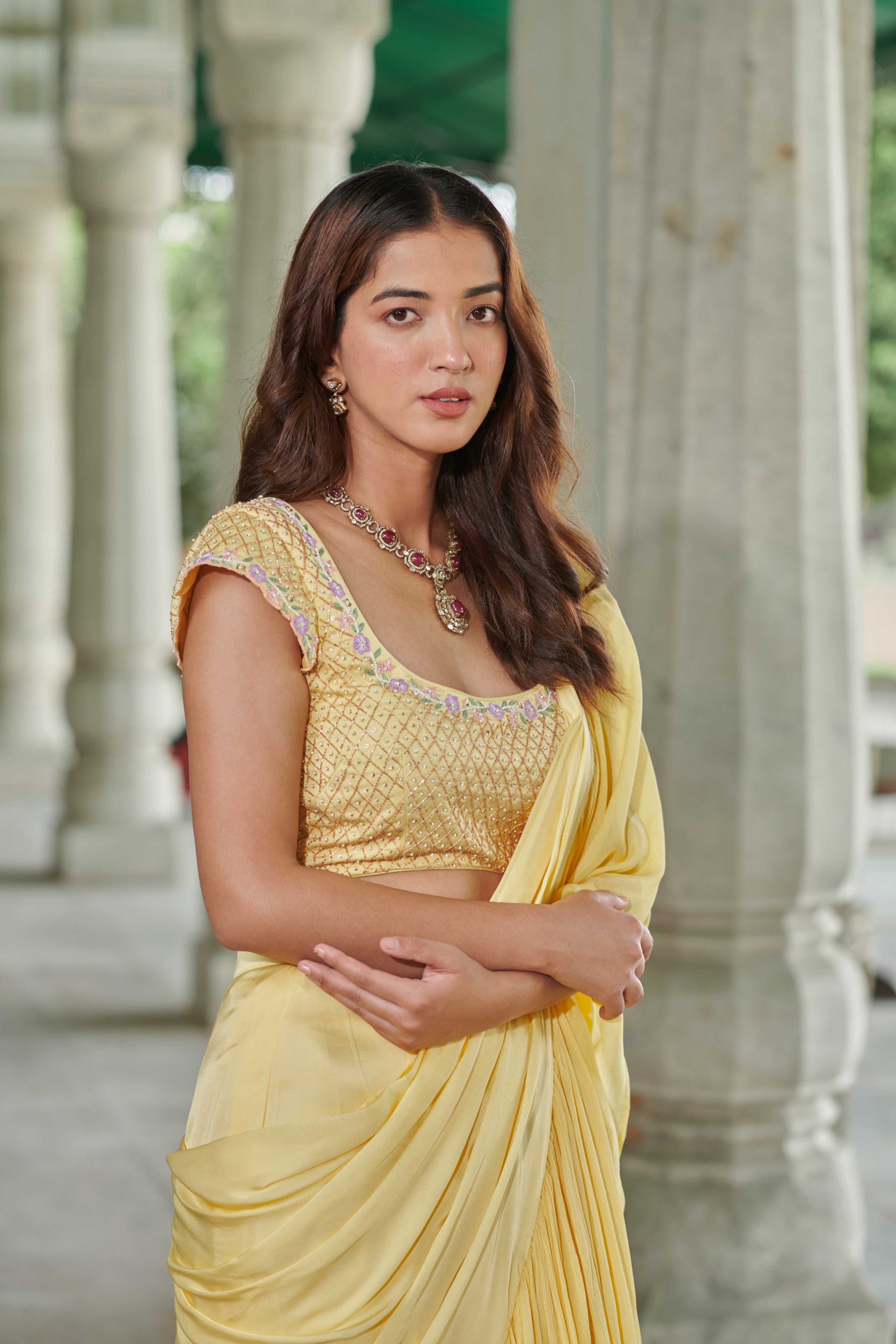 Svarṇasmitā (स्वर्णस्मिता) - Yellow Drape Saree Set