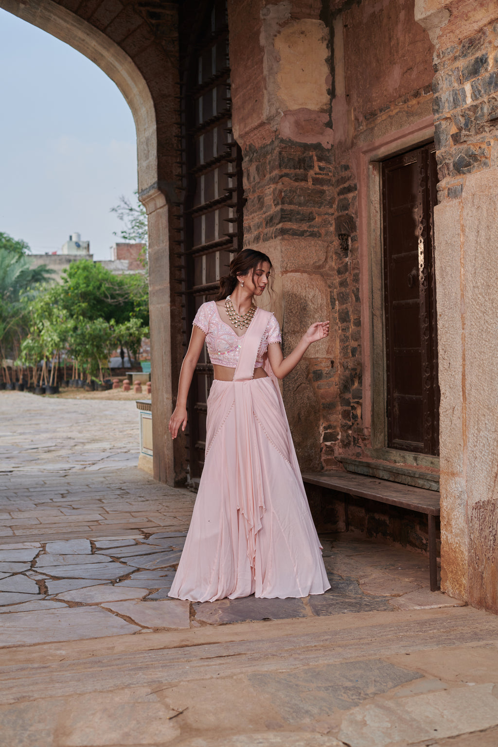 Ananda Laharī (आनन्द लहरी) - Pink Drape Lehenga Set