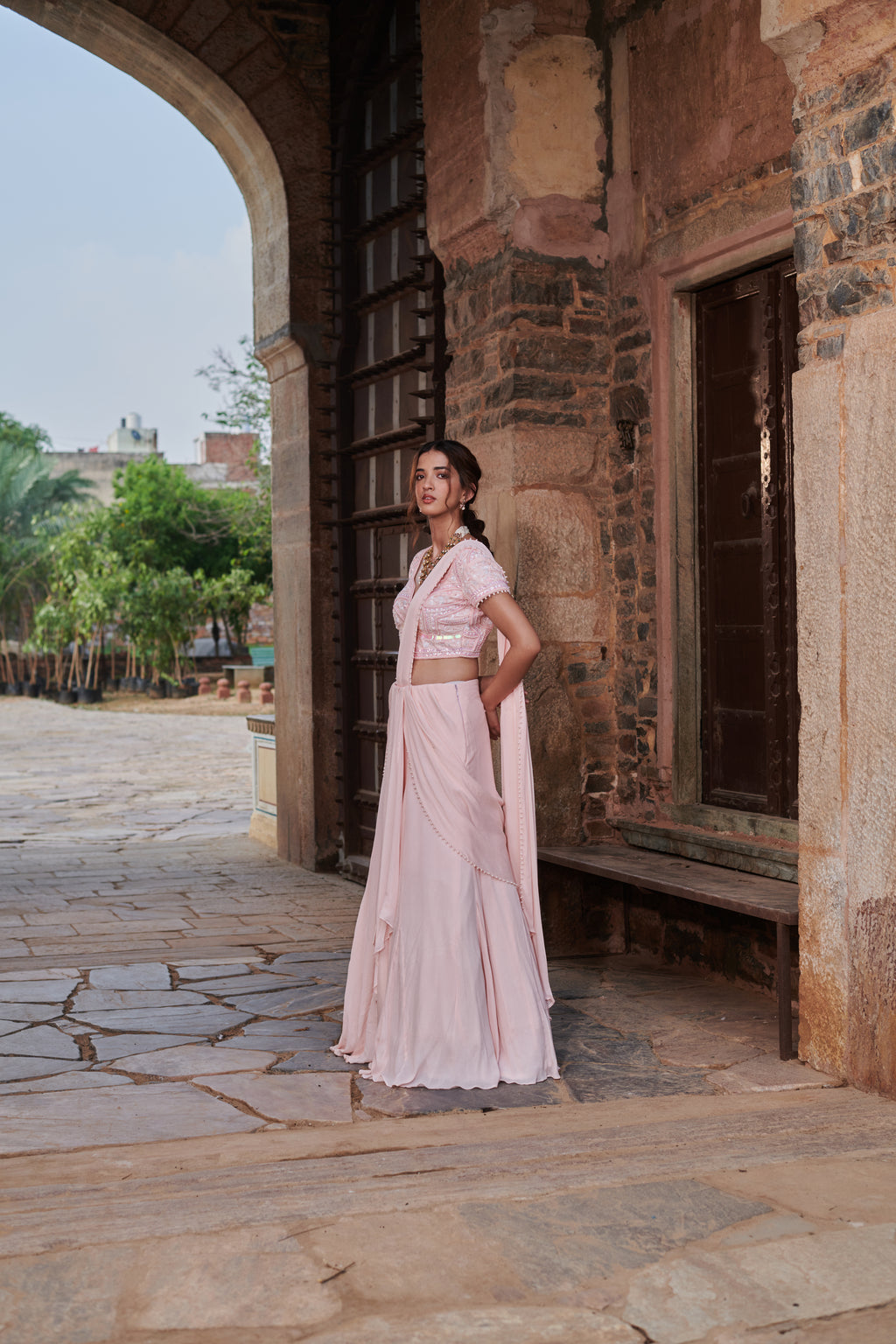 Ananda Laharī (आनन्द लहरी) - Pink Drape Lehenga Set