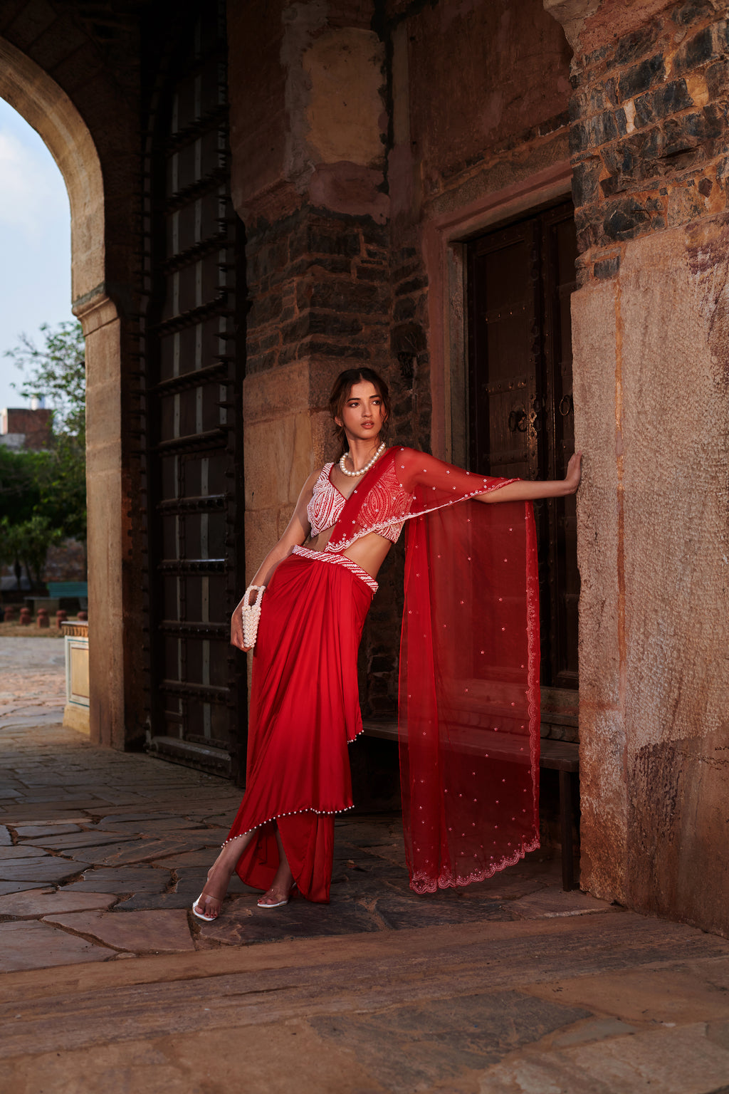 Sindūrā (सिन्दूरा)- Embroidered Blouse with Drape Skirt Set