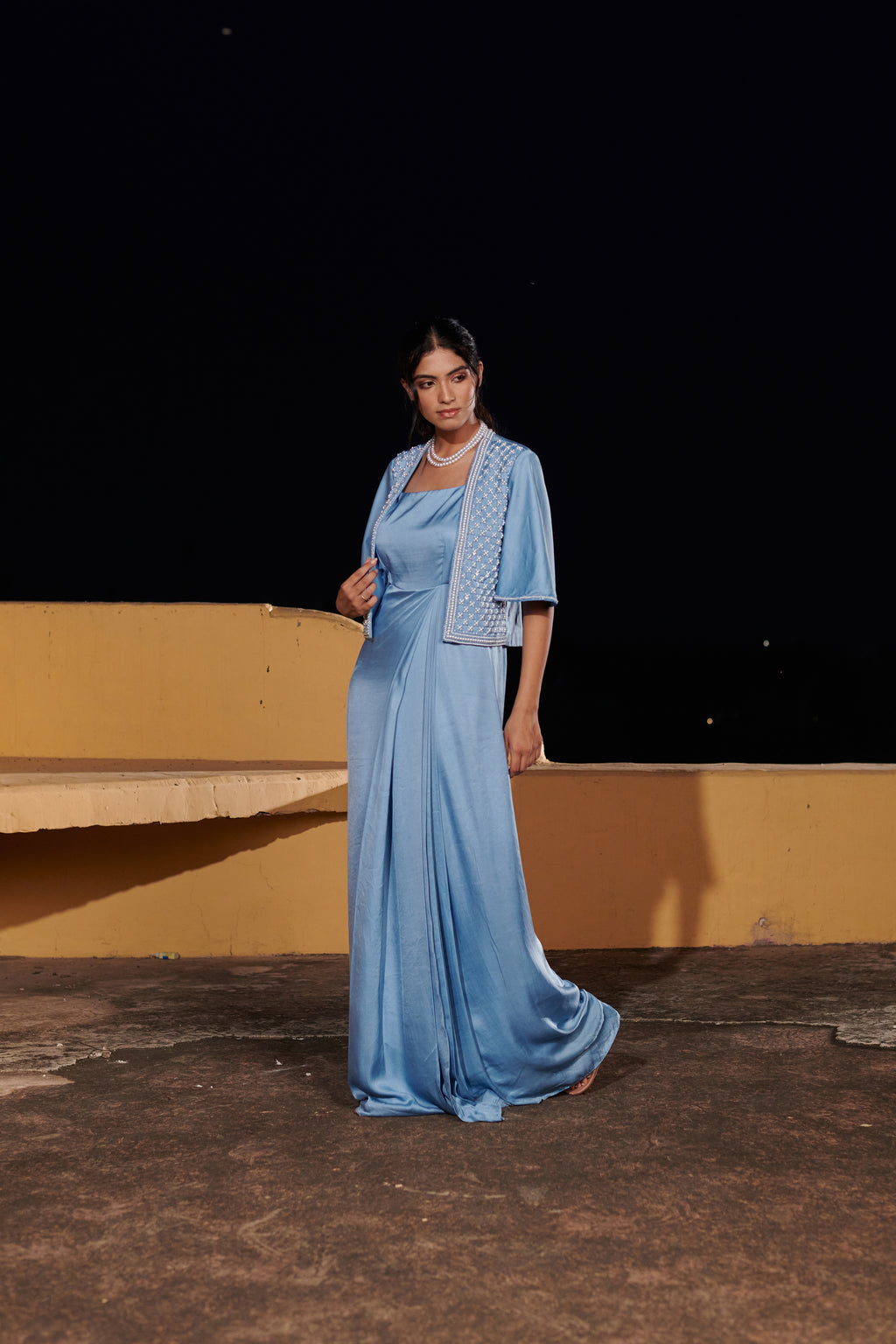 Śaśikalā (शशिकला) - Blue Embroidered Jacket with Drape Dress set