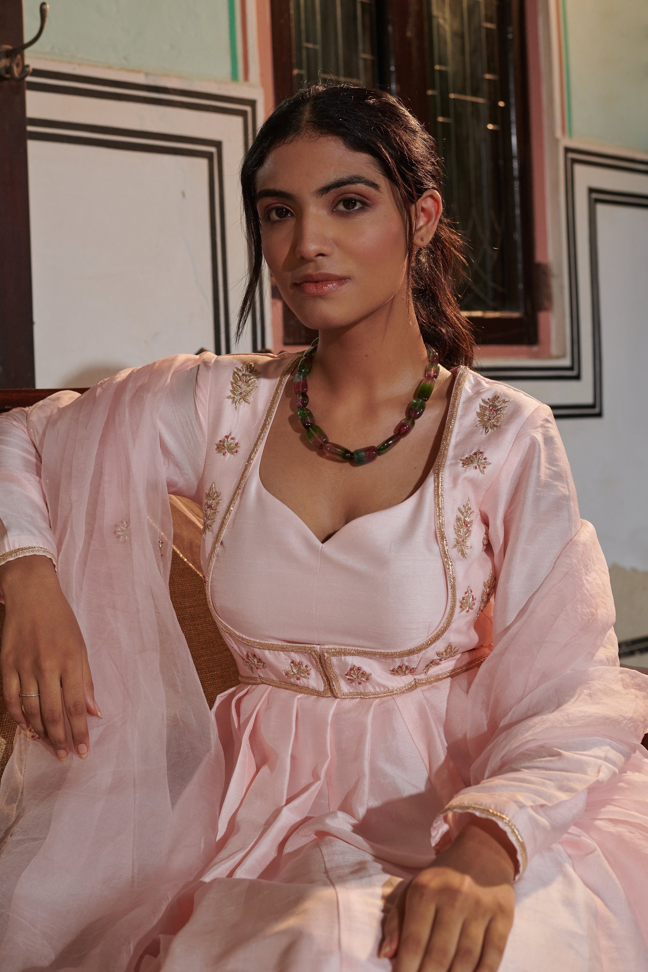 Vasudhā  (वसुधा) - Pink Embroidered Gown Set
